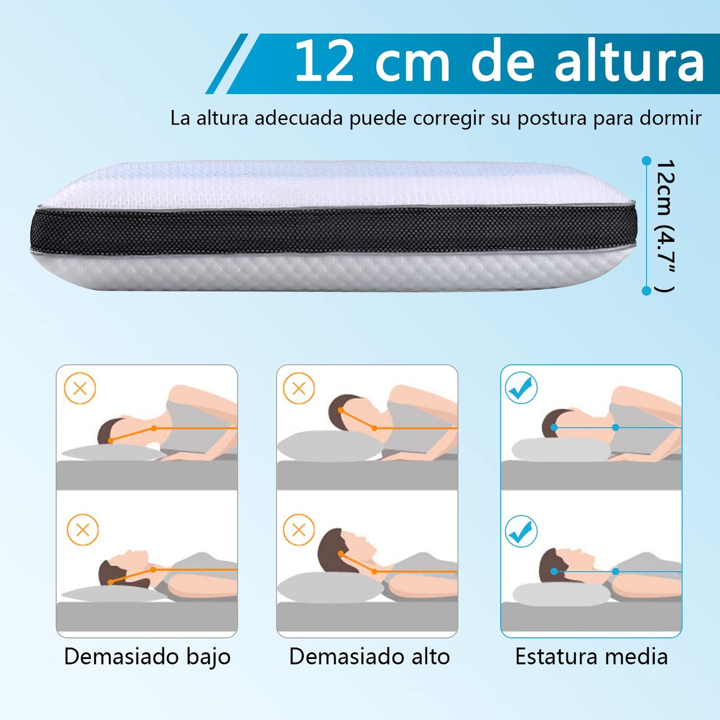 AzzmaAii Almohada de Espuma con Memoria para Cuello Almohada Cool Gel Almohada de Apoyo Cervical Ventilada de Memory Foam Gel para Aliviar Dolor de Espalda Estómago Lateral Funda Lavable Suave Blanco