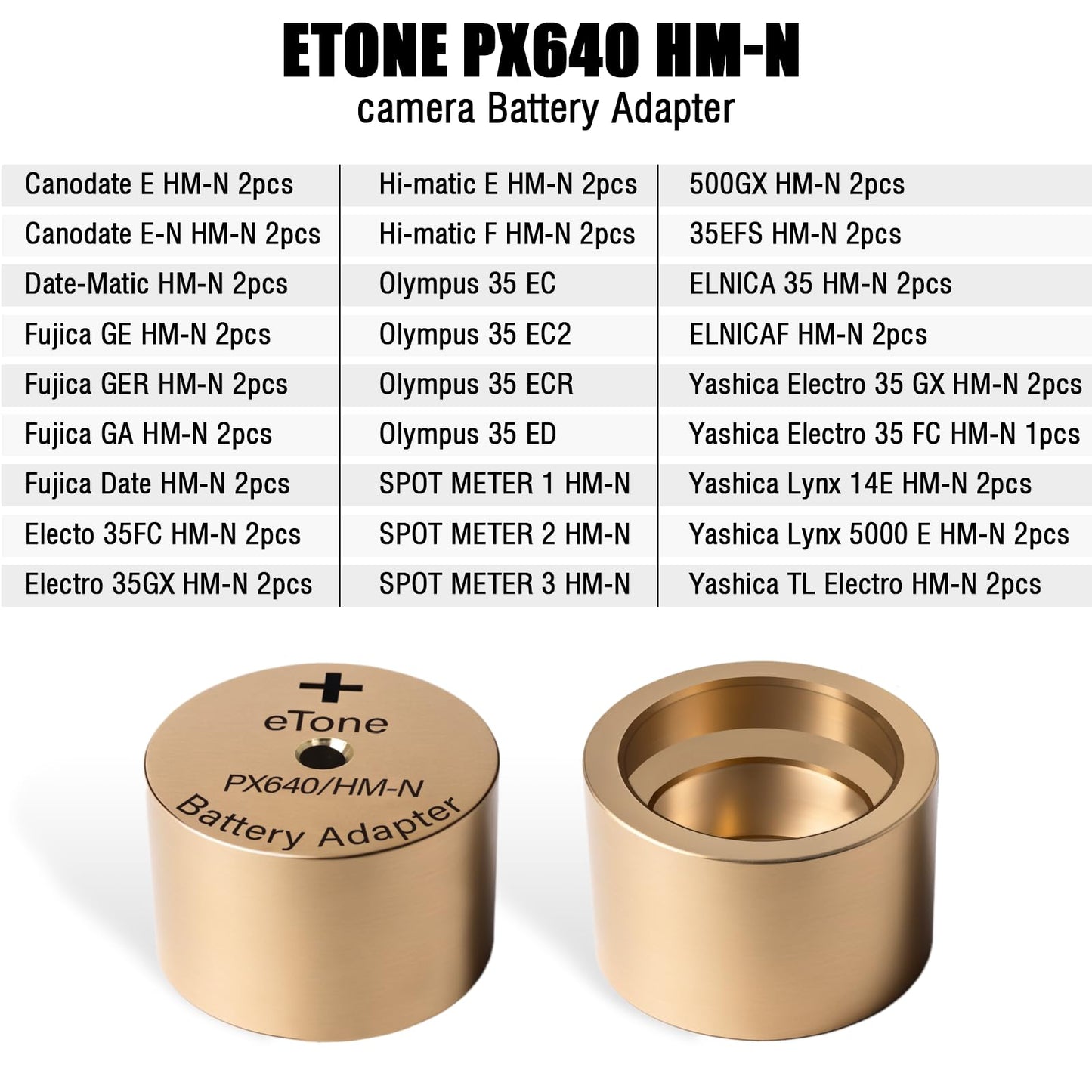 eTone PX640 - Adaptador de batería para cámaras de película clásico, fabricado en cobre, adaptador perfecto para baterías Yashica Electro GX y A675/LR44/SR44