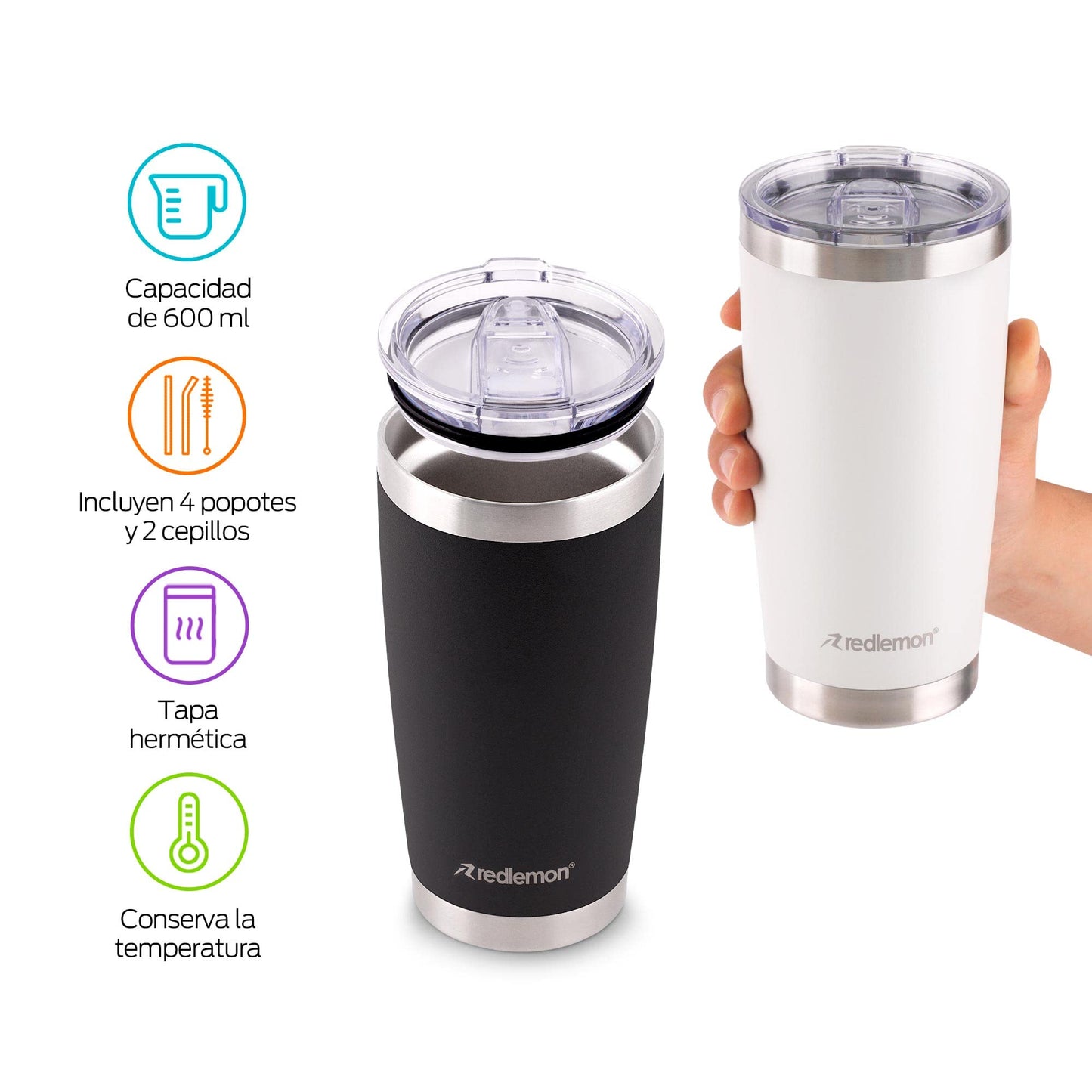 Vaso Térmico Redlemon Acero Inoxidable Doble Pared 600 ml con Tapa Hermética y Popotes