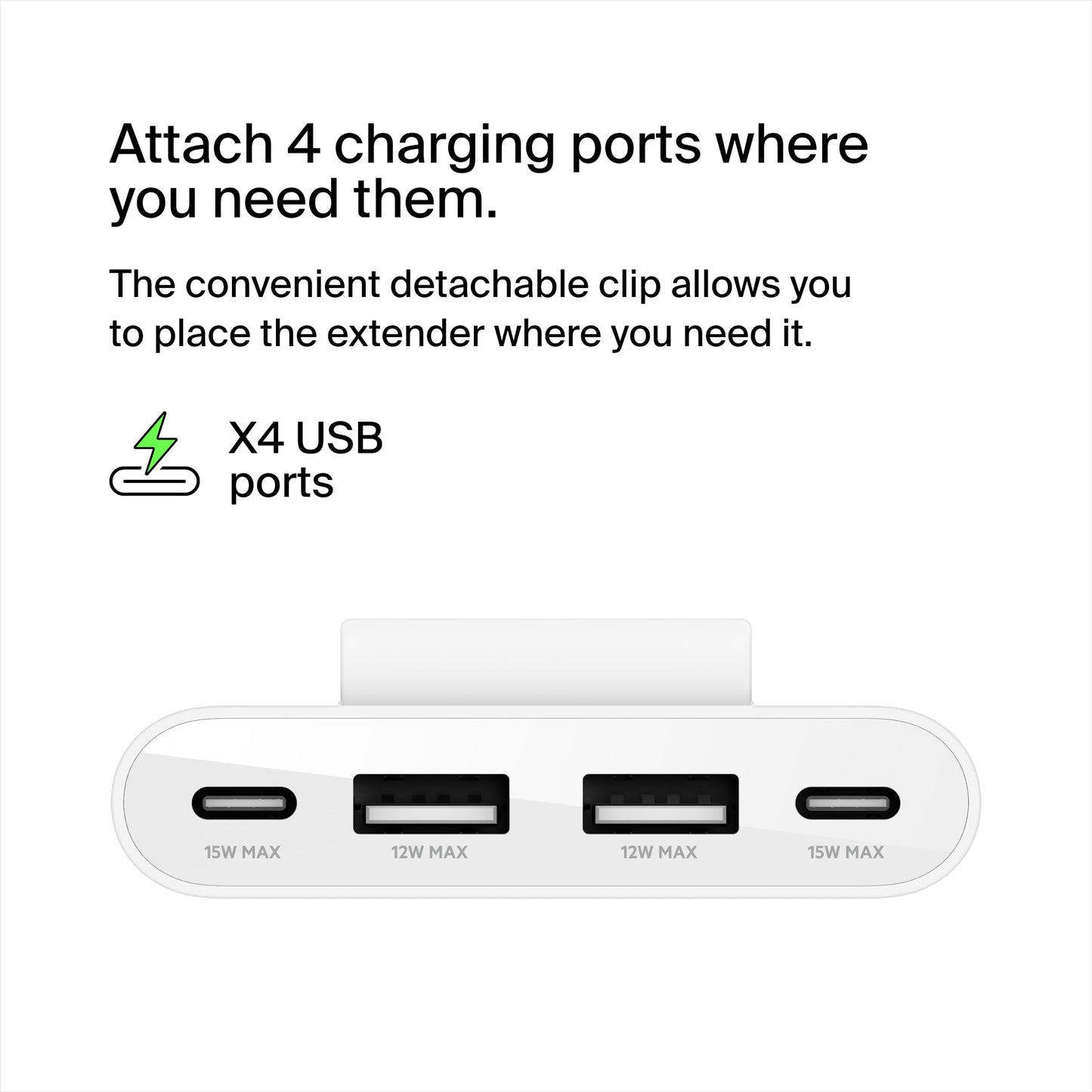 Belkin BoostCharge Extensor de alimentación de 4 Puertos para Apple iPhone 16, iPad, Samsung Galaxy S25, Nintendo Switch 2, Compatible con Conexiones USB-C y USB-A, Color Blanco