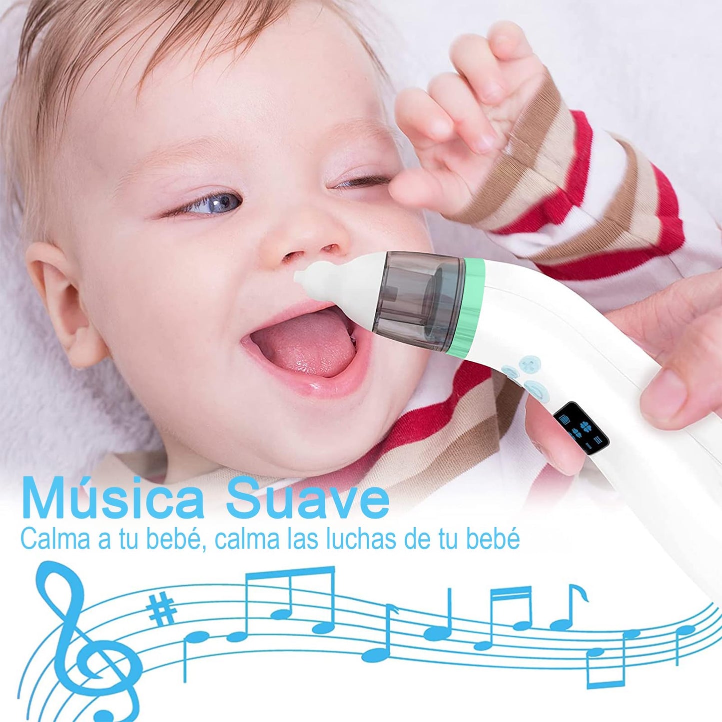 GQVOSXC Limpiador Nasal Eléctrico para Bebés, Saca Mocos para Bebe con Carga USB, Extractor de Mocos para Bebe con 2 Cabezales de Silicona, 3 Niveles de Succión Ajustables, Música y Calmante Ligera