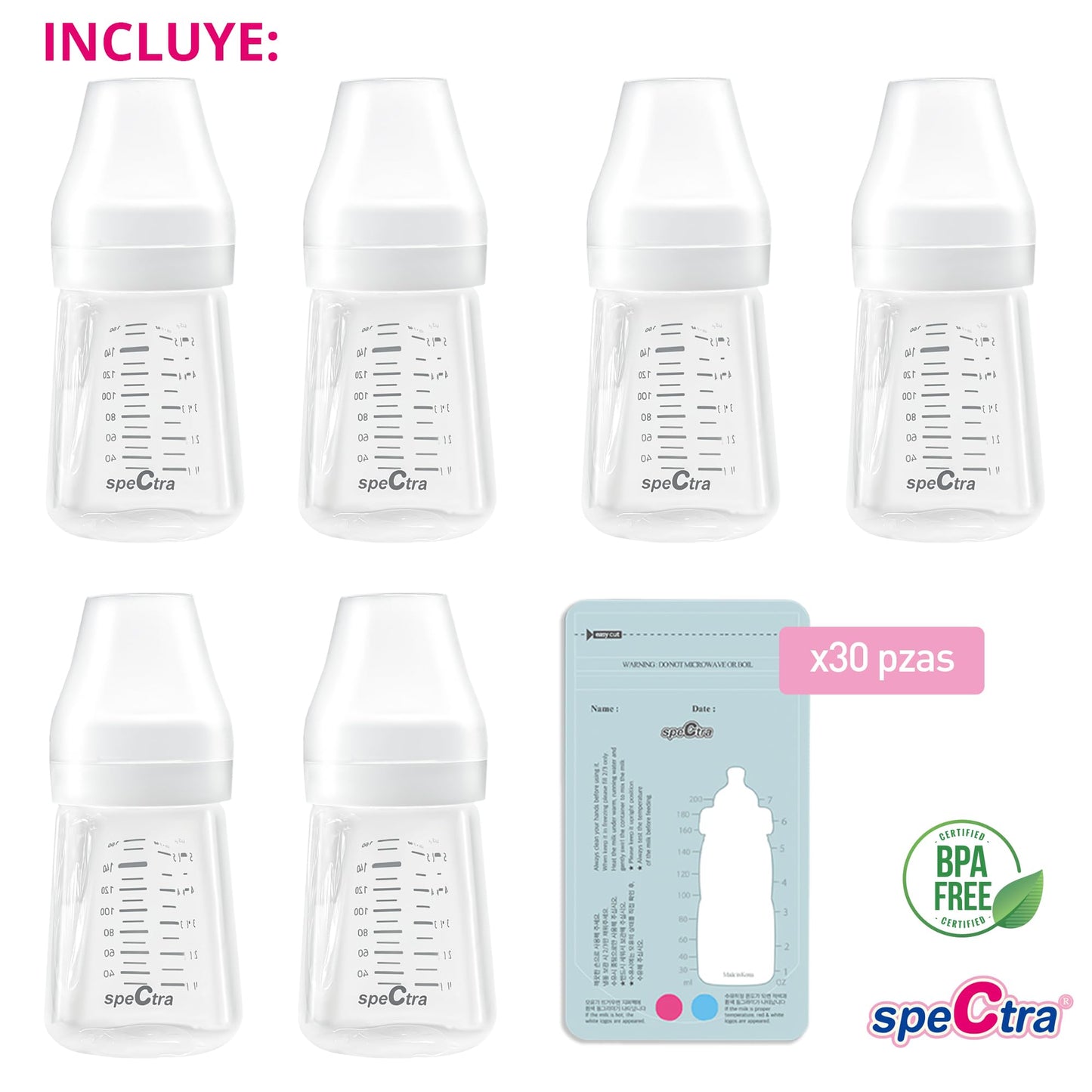 Set de Botellas y Bolsas de Almacenamiento de Leche Materna Spectra | Transparente | Cuello Ancho con Tapa y Sensor de Temperatura