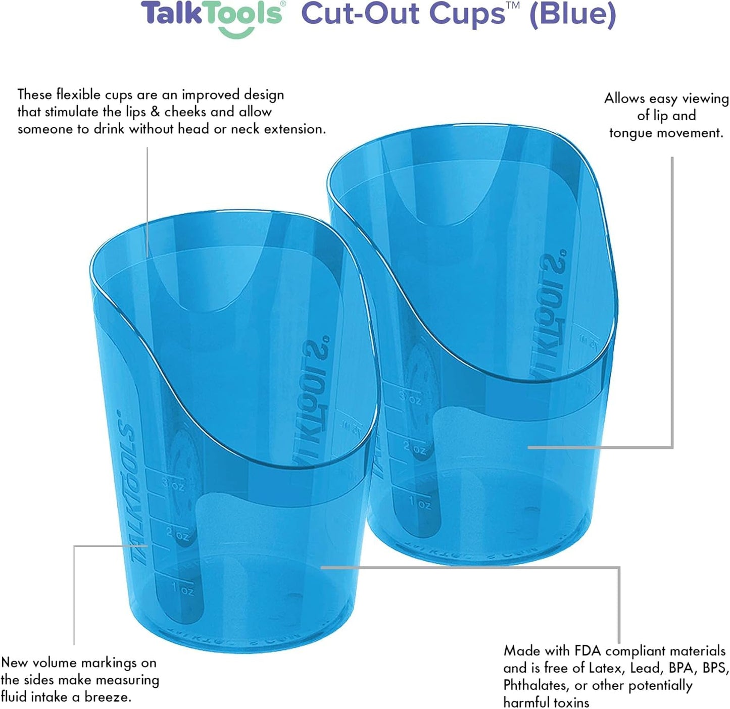 TalkTools® Copa de Terapia de Corte para Dysphagia, Oral Motor y Necesidades Especiales - Asistente de Bebida para Terapia del Habla y Soluciones de Alimentación (3 oz Azul, 2-Pack)