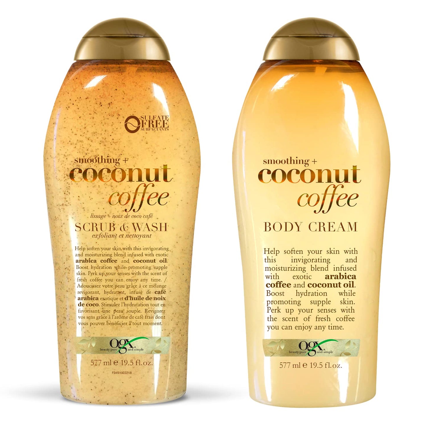 OGX, Crema Corporal, Smoothing + Coconut Coffee Body Cream, 577 ml + OGX, Jabón Exfoliante Corporal, Smoothing + Coconut Coffee Scrub & Wash, 577 ml