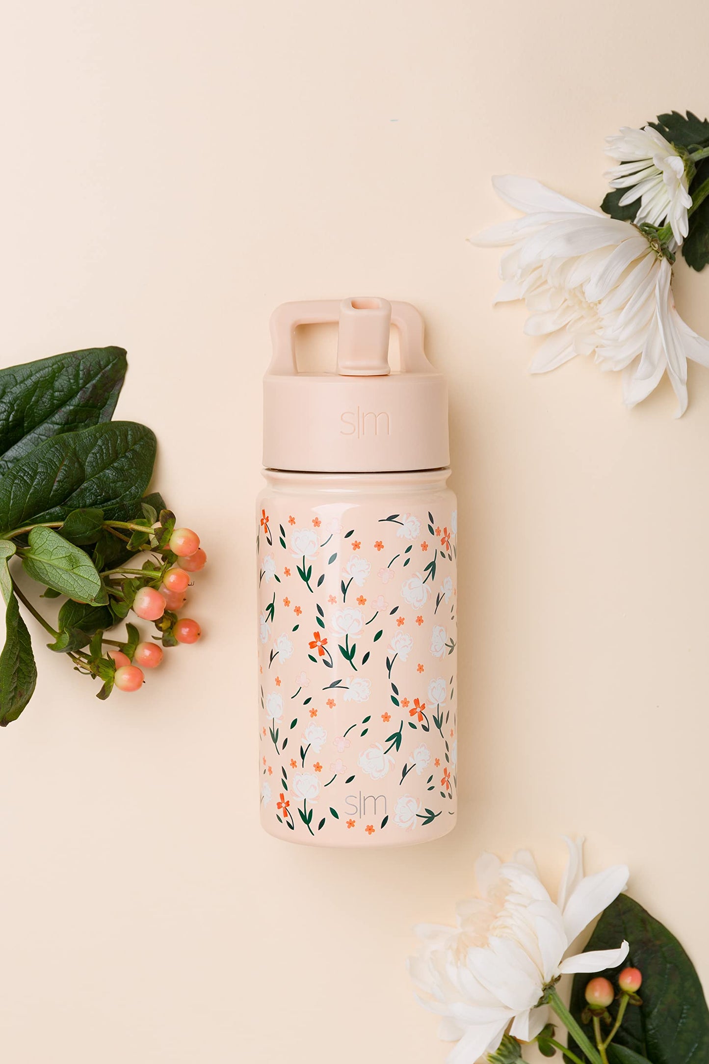 Botella de Agua Simple Modern Chloe Floral Acero Inoxidable Aislada con Pajita para Niños y Niñas