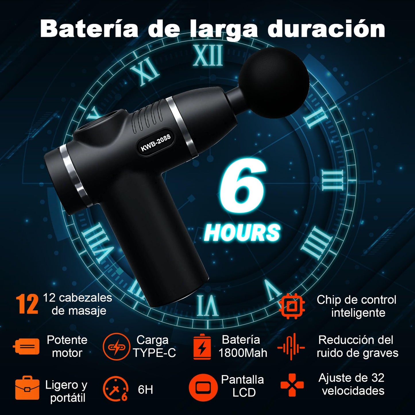 BJLBOJEY Pistola de masaje muscular, masajeador eléctrico mano con 12 cabezales masaje y 32 velocidades ajustables (Plata)
