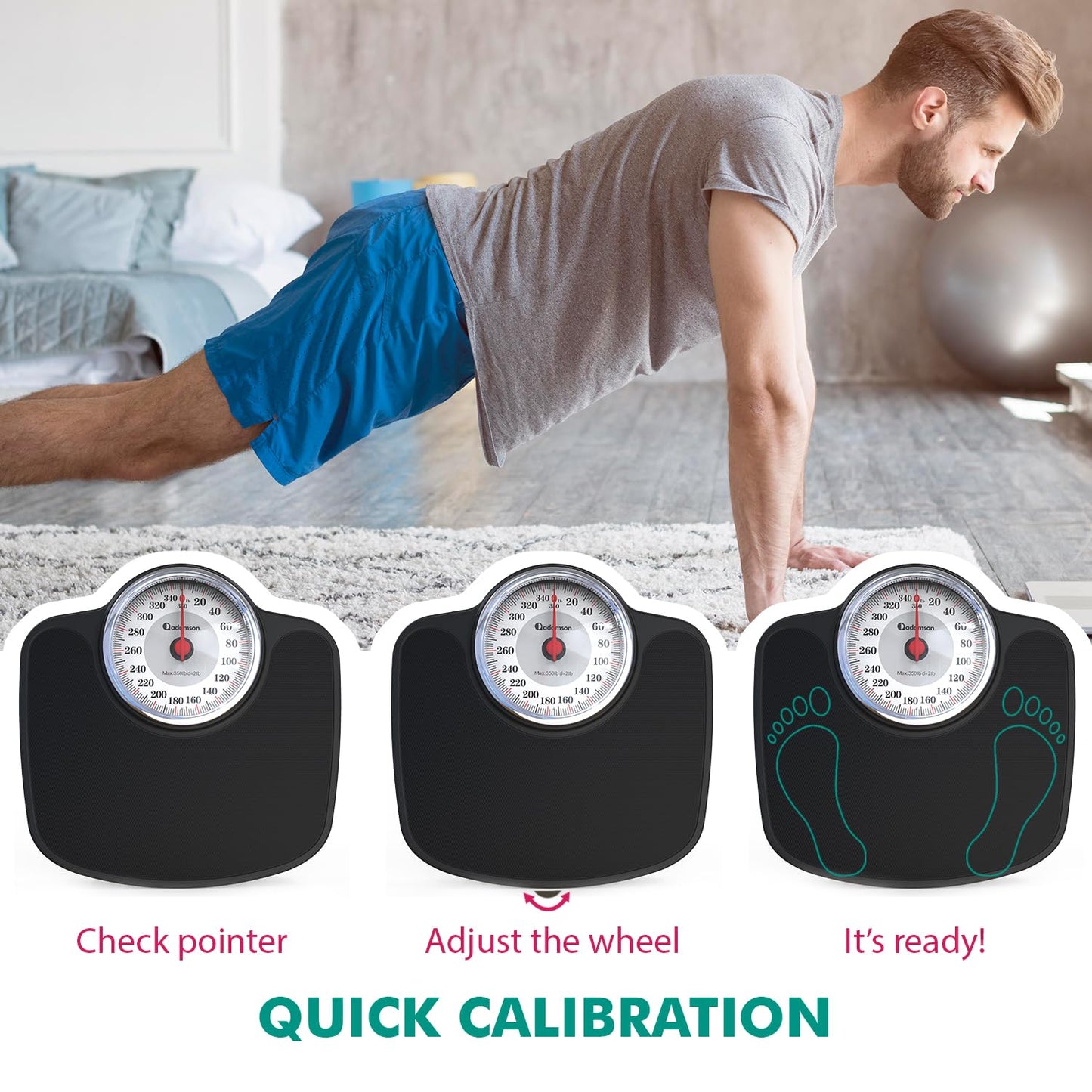 Adamson - Báscula de gran tamaño A27 para peso corporal, hasta 350 libras, nueva versión, superficie de goma antideslizante, números extra grandes, báscula de baño de alta precisión, analógica,