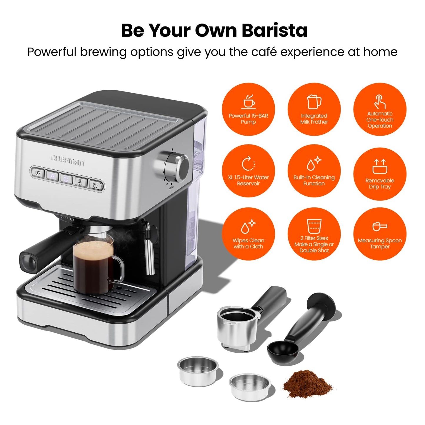 Chefman - Máquina de café espresso , control digital, preparación individual o doble, piezas aptas para lavavajillas, acero inoxidable