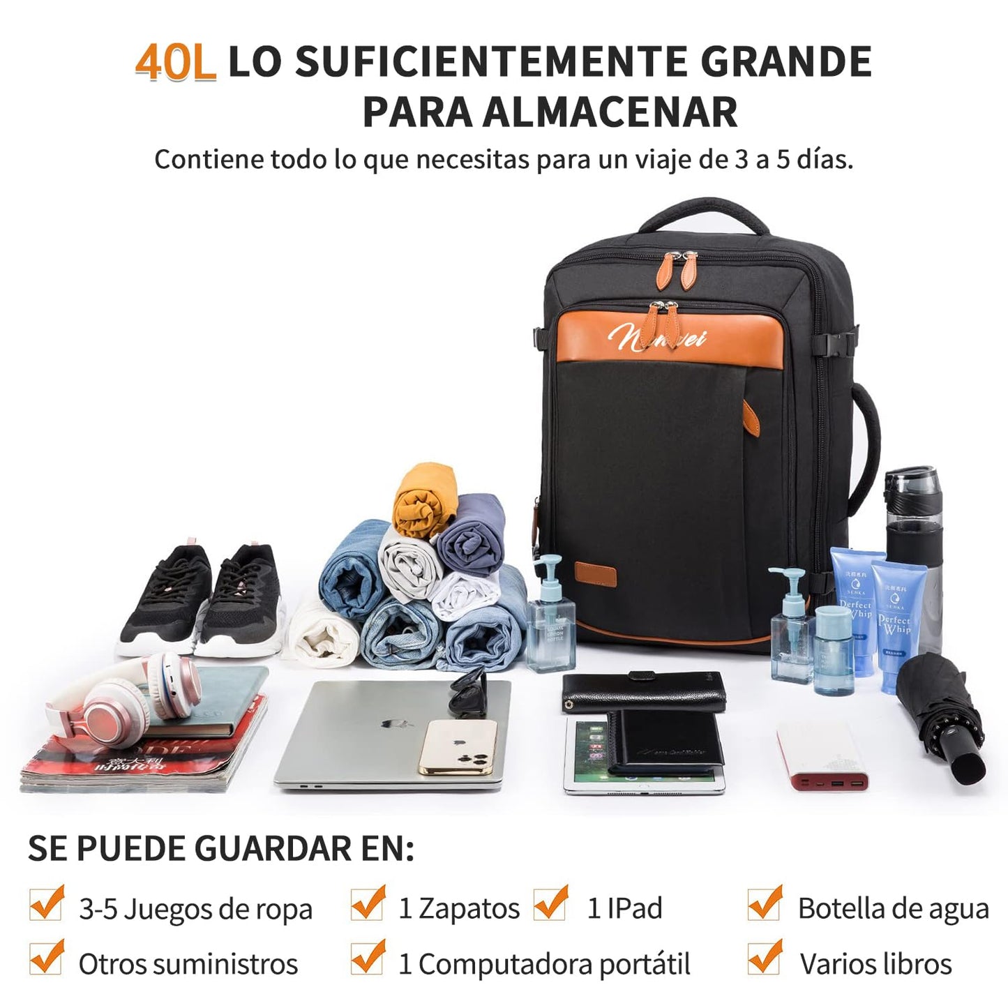 Juego de mochila de viaje de 5 piezas, mochila de equipaje certificada por vuelo extra grande 40 L, maleta expandible con 4 bolsas de almacenamiento, mochila de negocios impermeable, unisex (Negro)