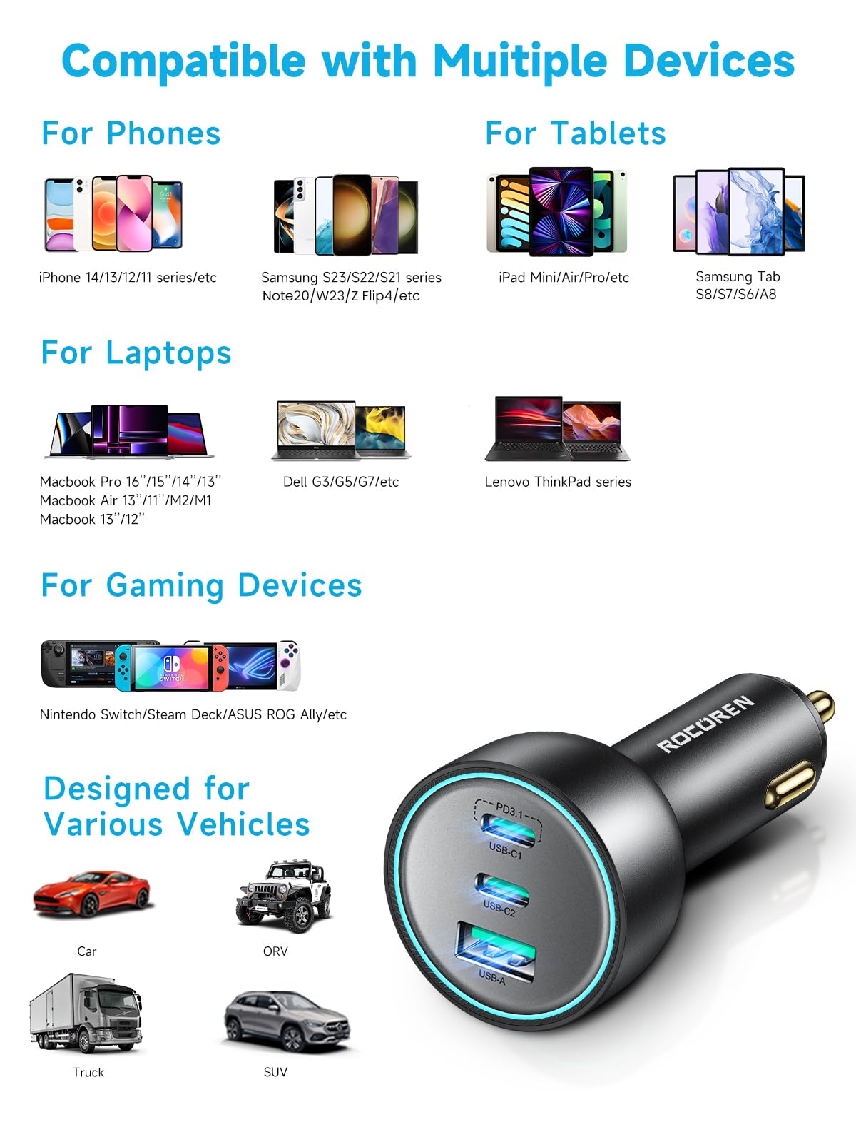 Rocoren Cargador de Coche USB C de 165W, PD3.1 140W/PD3.0 100W QC5/4.0 3 Puertos, Adaptador de teléfono de Coche de Carga súper rápida para iPhone 15/14, Samsung S23, iPad, MacBook Pro/Air, Switch