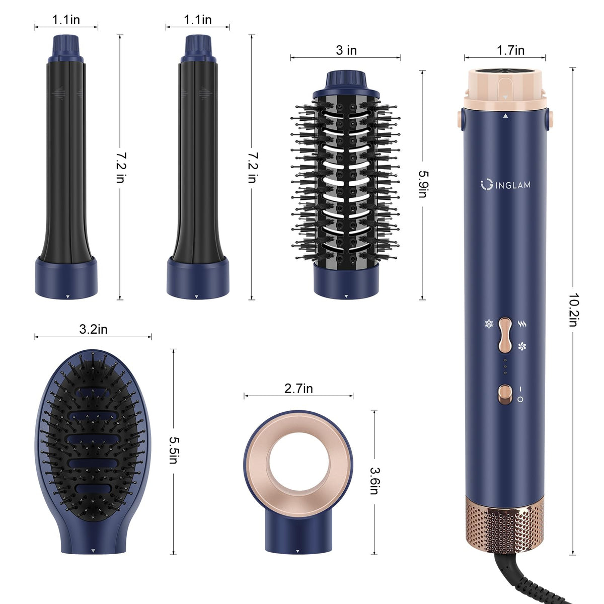 Cepillo Profesional MegaAIR Styler IG INGLAM Azul Prusiano Volumétrico 5 en 1 para Secado de Pelo