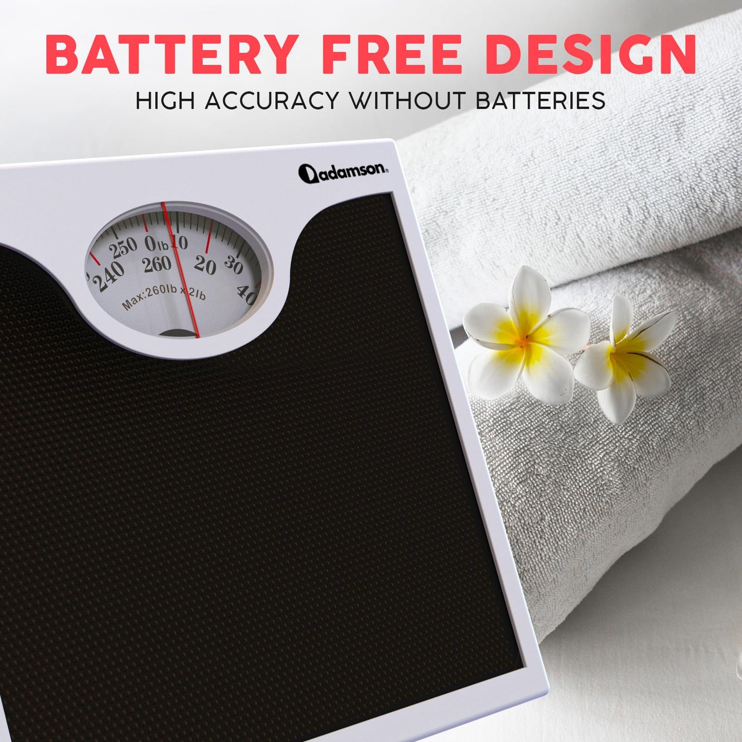 Adamson - Báscula de baño A22 para peso corporal, hasta 260 libras, nueva versión, superficie de goma antideslizante, básculas de peso analógicas para baño, asequible, duradera con garantía de 20