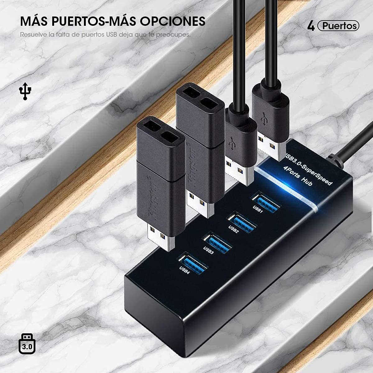 Hub USB 3.0 Sendowtek Negro SuperSpeed 5Gbps 4 Puertos para Multi Splitter Universal Compatible con Macbook, PC, PS4, Xbox, Memoria