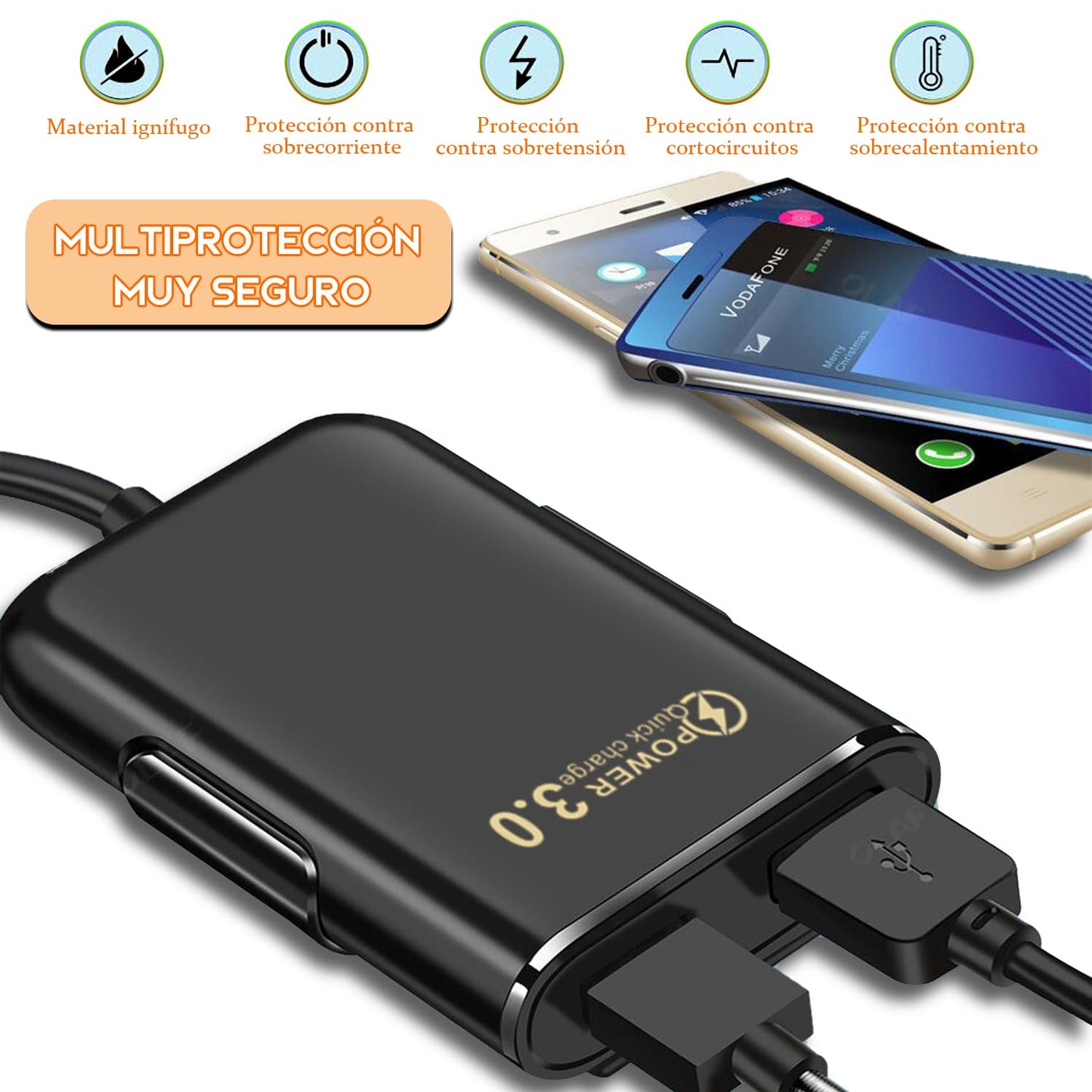 AMXYYDS Cargador para Auto USB C,Carga rapida,Cargador Coche Rápido con,Coche, QC 3.0 y PD,Cable de extensión 1.2m,Puerto USB para Auto(Redondo)