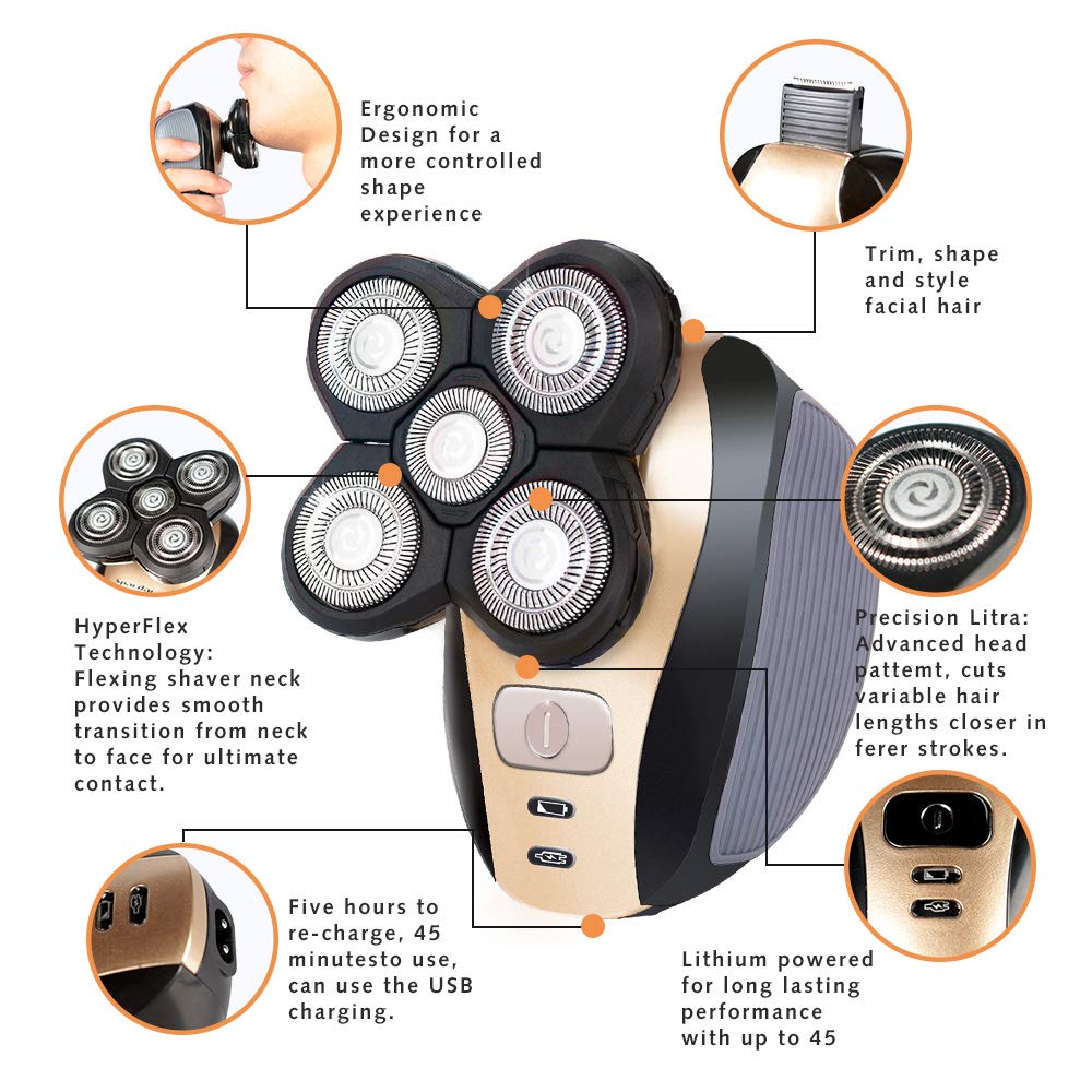 Afeitadora Eléctrica Hombre,Afeitadora Eléctrica 5 en 1 Para Hombres,Afeitadoras de Cabeza Flotante 4D para Hombres Calvos,Kit de Aseo Inalámbrico Skull Shaver 5 Head con IPX7 Impermeable,para Barba
