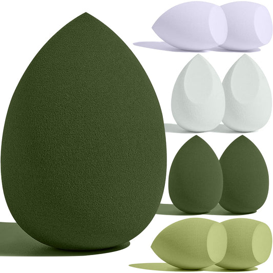 Set de 8 esponjas de maquillaje en 3 formas | Beauty Blender para aplicación en piel seca y húmeda | Esponjas faciales de maquillaje en color verde | Kit profesional para maquillaje completo