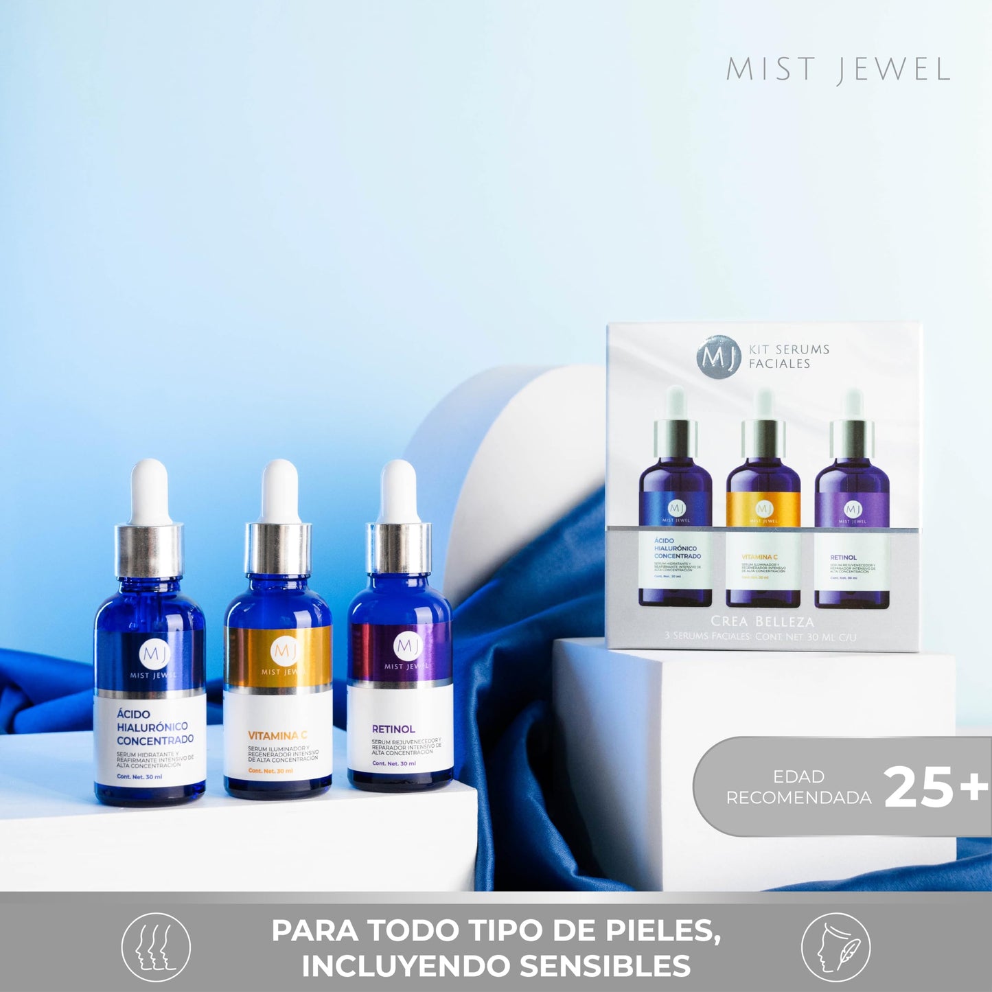 MIST JEWEL Kit sueros faciales Acido Hialurónico, Retinol y Vitamina C + E | Conjunto de serums completo para rejuvenecer, proteger y cuidar el cutis antiedad (KIT facial complete)