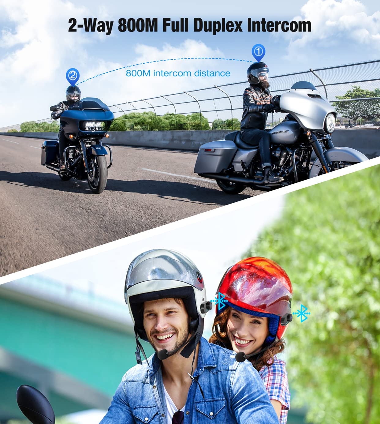 FreedConn T COM VB - Auriculares Bluetooth para motocicleta, intercomunicador de casco de 2 vías 800 m con música compartida, altavoces de sistema de comunicación universal, accesorios de moto