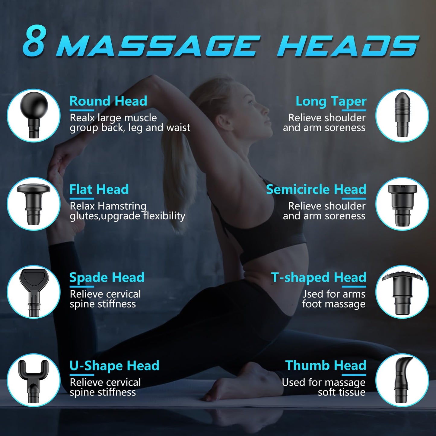 Pistola de Masaje Muscular, Masaje Eléctrico de Mano con 8 Cabezales y 30 Velocidades Ajustables, Masajeador Muscular de Tejido Profundo para Aliviar el Dolor, Dispositivo de Masaje Masajeadores Eléctricos Ideal para Músculos, Hombros, Cuello, Espalda, Pi