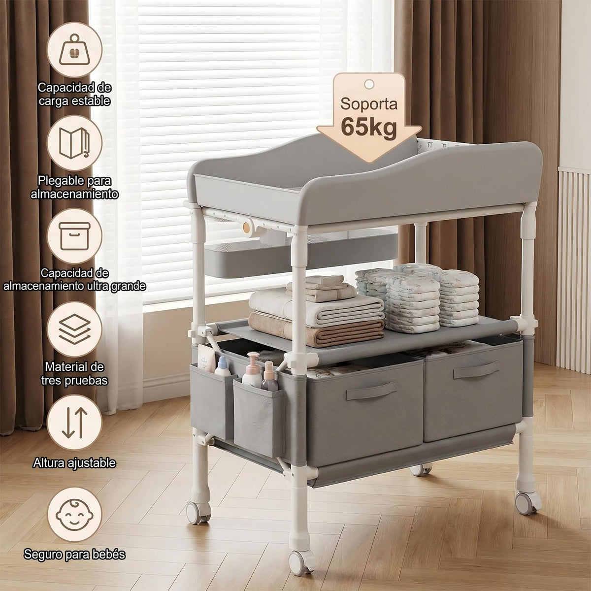 Mueble Cambiador para Bebe, Cambiador de Pañales para Bebe Plegable, Altura Regulable,con 2 Cajones,Ruedas y Cinturón de Seguridad, Cambiador para Bebe Impermeable para Recién Nacidos a Niños Pequeños