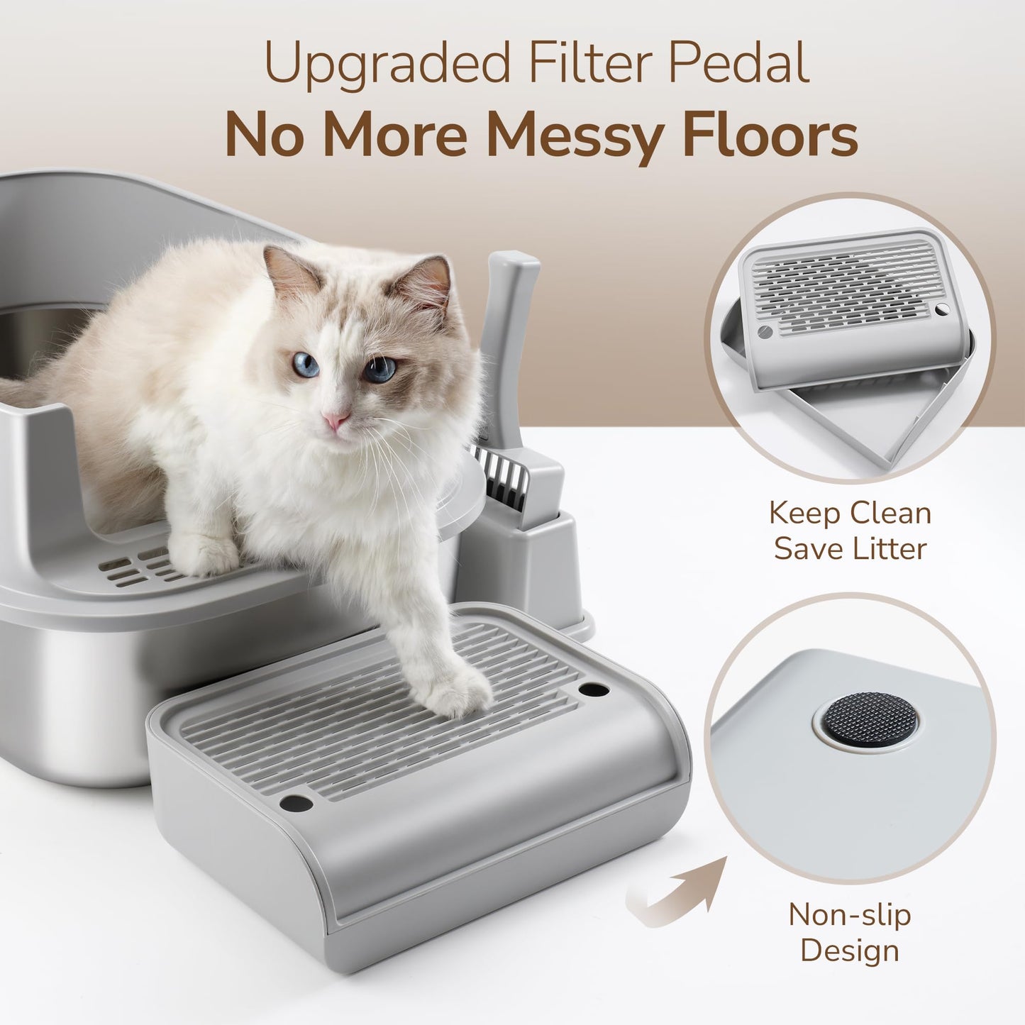 Aupures - Caja de arena de acero inoxidable con tapa – Caja de arena para gatos cubierta extraíble XL con solapa de puerta, caja de arena de metal extragrande con lados altos, cuchara de arena –