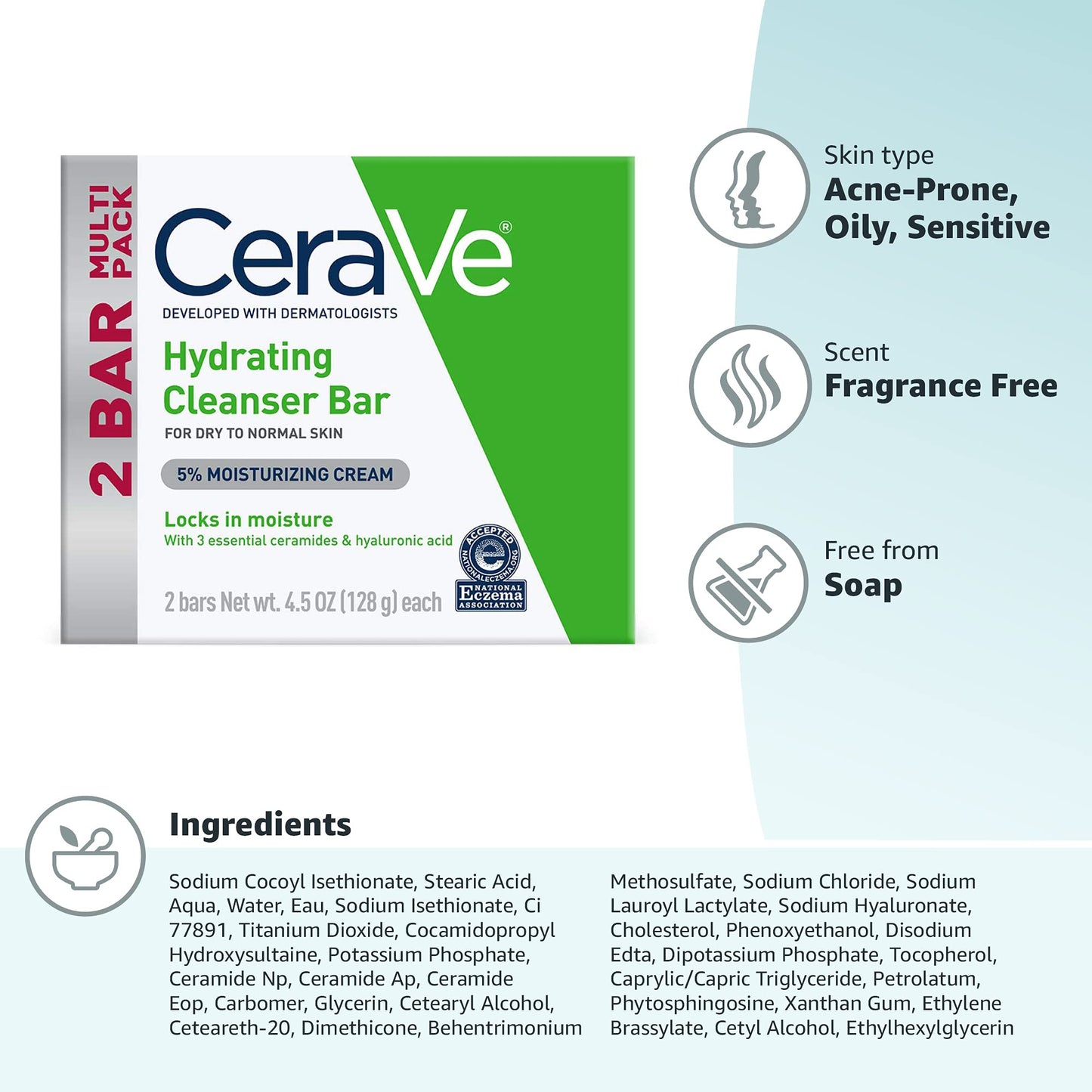 CeraVe Hydrating Cleansing Bar 2 Pack (4.5 oz each) Non Soap Alternative for Daily Body and Facial Washing, Dry to Normal Skin
