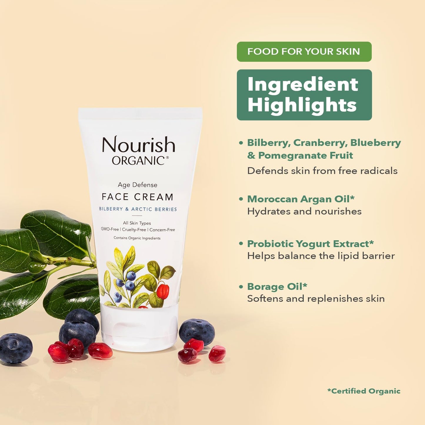 Nourish Organic Nutrir orgánico | Crema facial de defensa antiedad – arándano y bayas árticas | última intervensión de OMG, última intervensión de crueldad, sin fragancia (1.7 oz)
