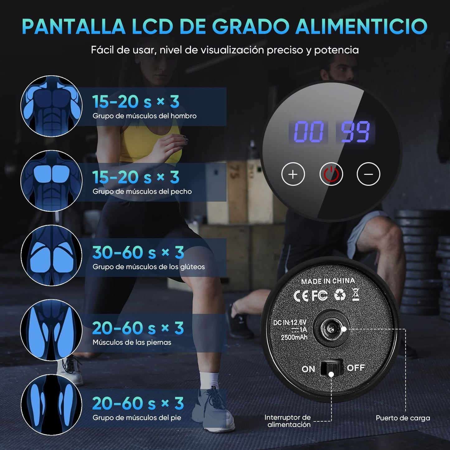 Pistola de Masaje Muscular, Masaje Eléctrico de Mano con 12 Cabezales y 30 Velocidades Ajustables, Masajeador Muscular de Tejido Profundo, Masajeador de Espalda para Hombro, Cuello
