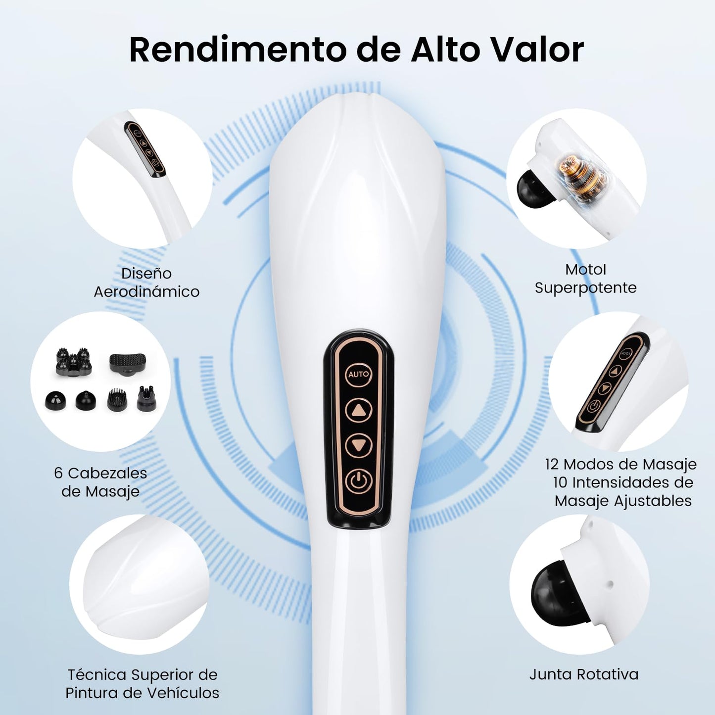 Masajeador de Espalda,Masajeador Electrico para Alivio del Dolor Muscular,Masajeadores de Mano con Diseño Ergonómico,10 Modos,12 Velocidades y 6 Cabezales de Masaje,Masaje para Espalda,Pierna y Cuello
