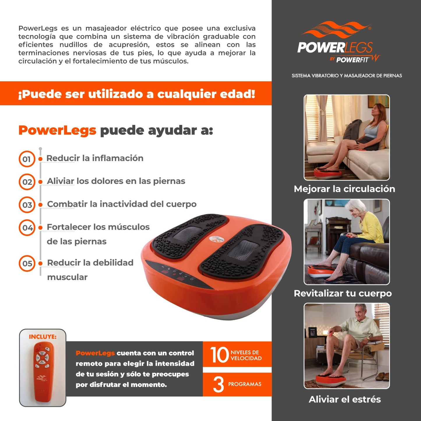 Masajeador de Pies Powerfit Power Legs con Control Remoto y Acupresión Giratoria que Relaja, Mejora Circulación y Tonifica