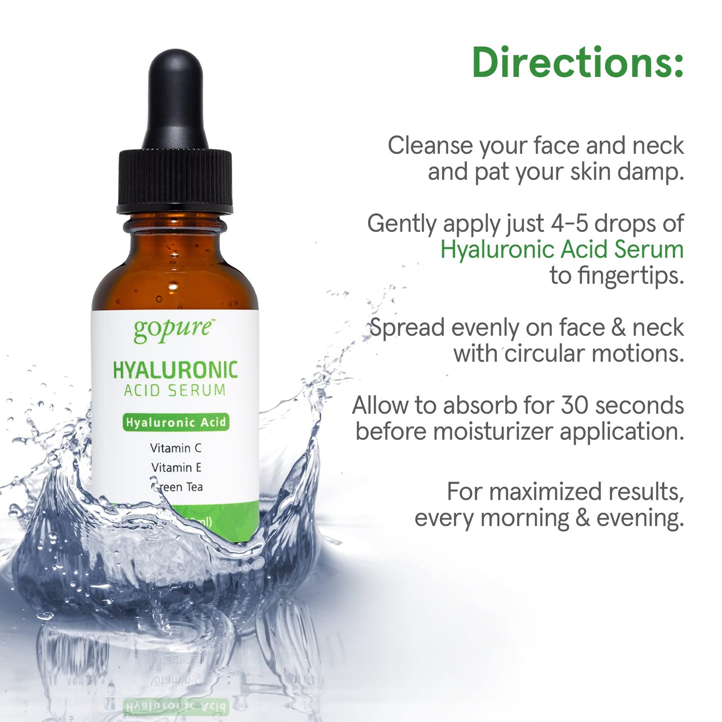goPure Hyaluronic Acid Serum with Vitamin C, Green Tea & Vitamin E - Hydrating Anti Aging Serum - Hydrates & Plumps the Skin - Dry Skin, Fine Lines, Wrinkles - 1oz