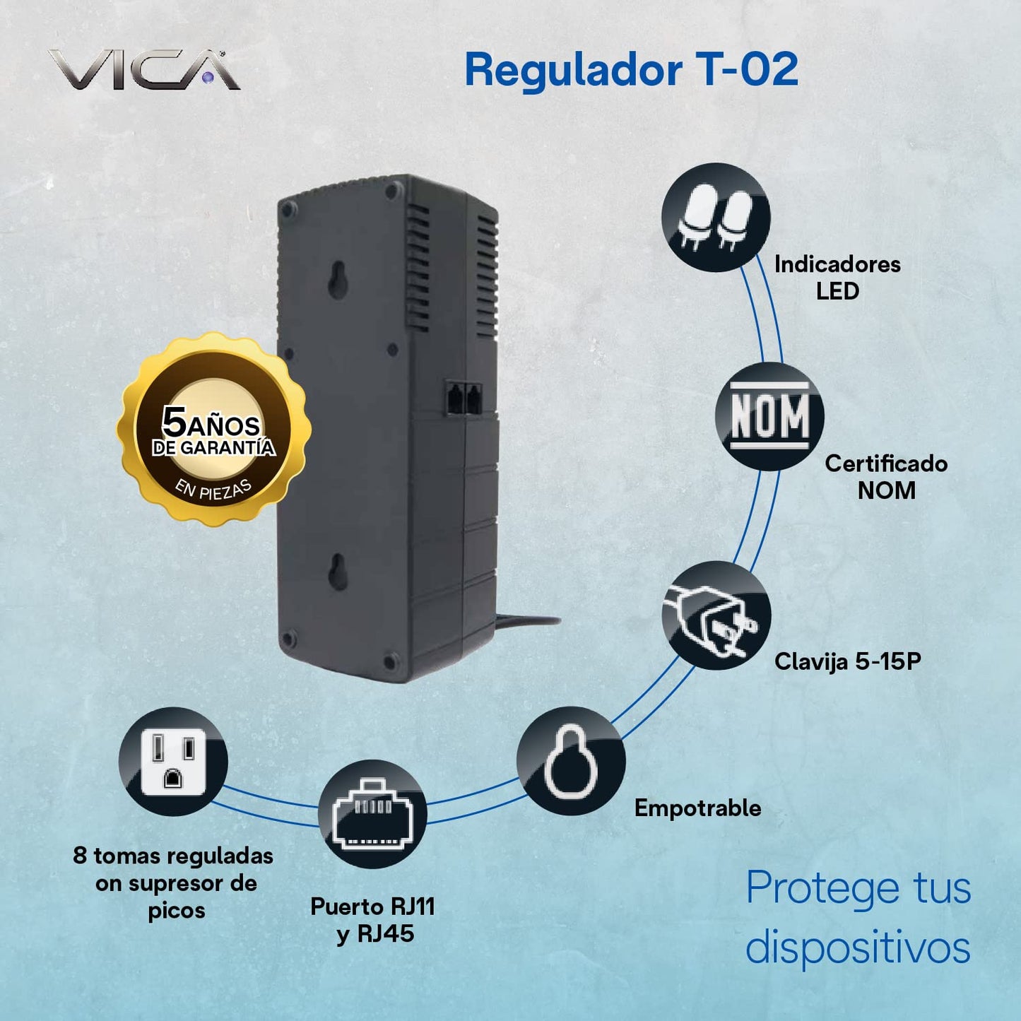 Regulador Electrónico de Voltaje VICA T-02 1200 VA 700 W empotrable con supresor de picos y puertos RJ11 RJ45