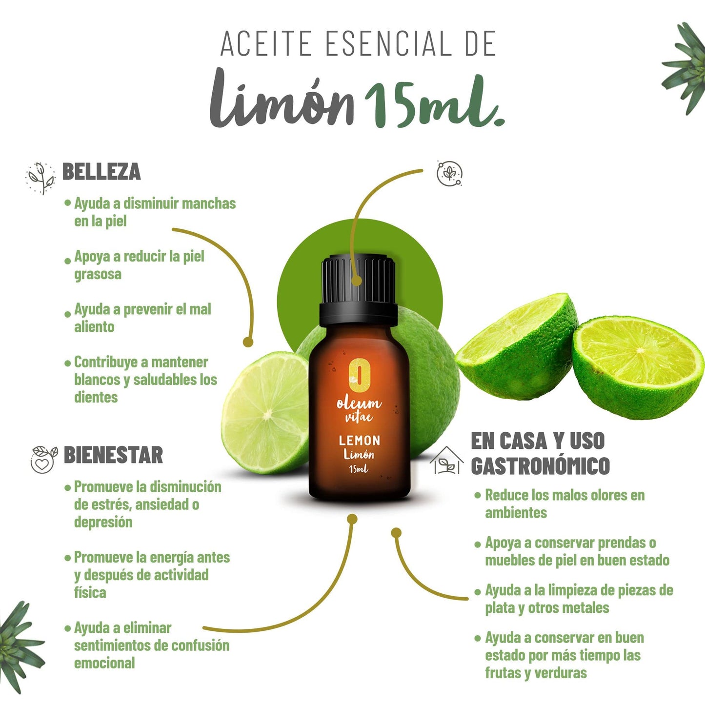 Aceite Esencial OLEUM VITAE Limón 100% Puro y Orgánico Certificado USDA 15ml
