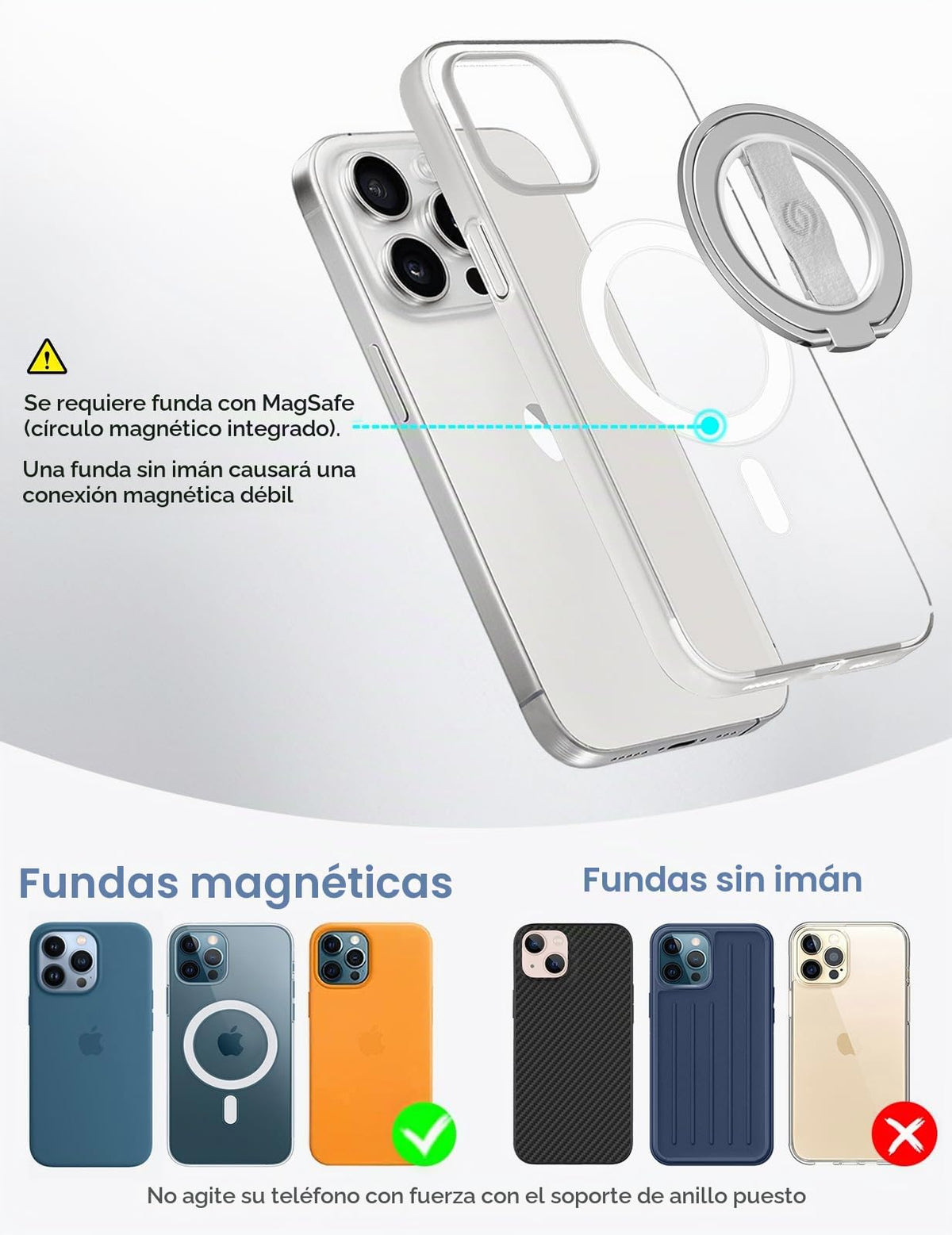 Soporte de Agarre para Teléfono EWA MagOne Plata con Correa para Dedos y Soporte Magnético Extraíble para iPhone Series 17-12