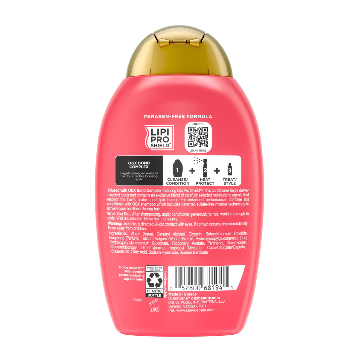 OGX, Acondicionador BOND REPAIR, Reparador de Proteínas, Actúa en Áreas Dañadas, Tecnología LipiPro Shield