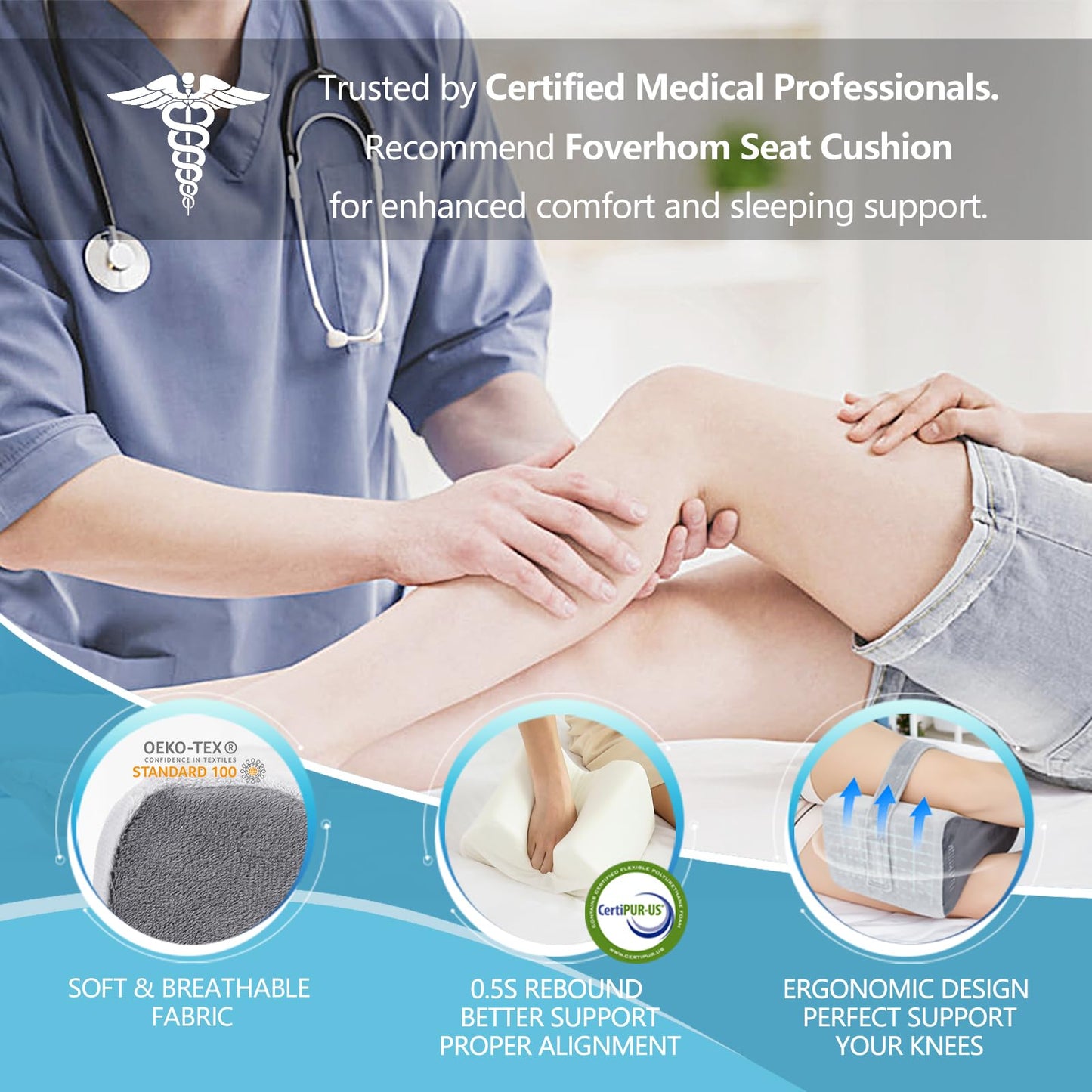 foverhom Almohada de Rodilla Ortopédica de Espuma Viscoelástica para Aliviar la Ciática,Almohada para la Pierna Dolor de Espalda, Embarazo, Dolor de Piernas, Dolor de Cadera y Alivio de Ciática