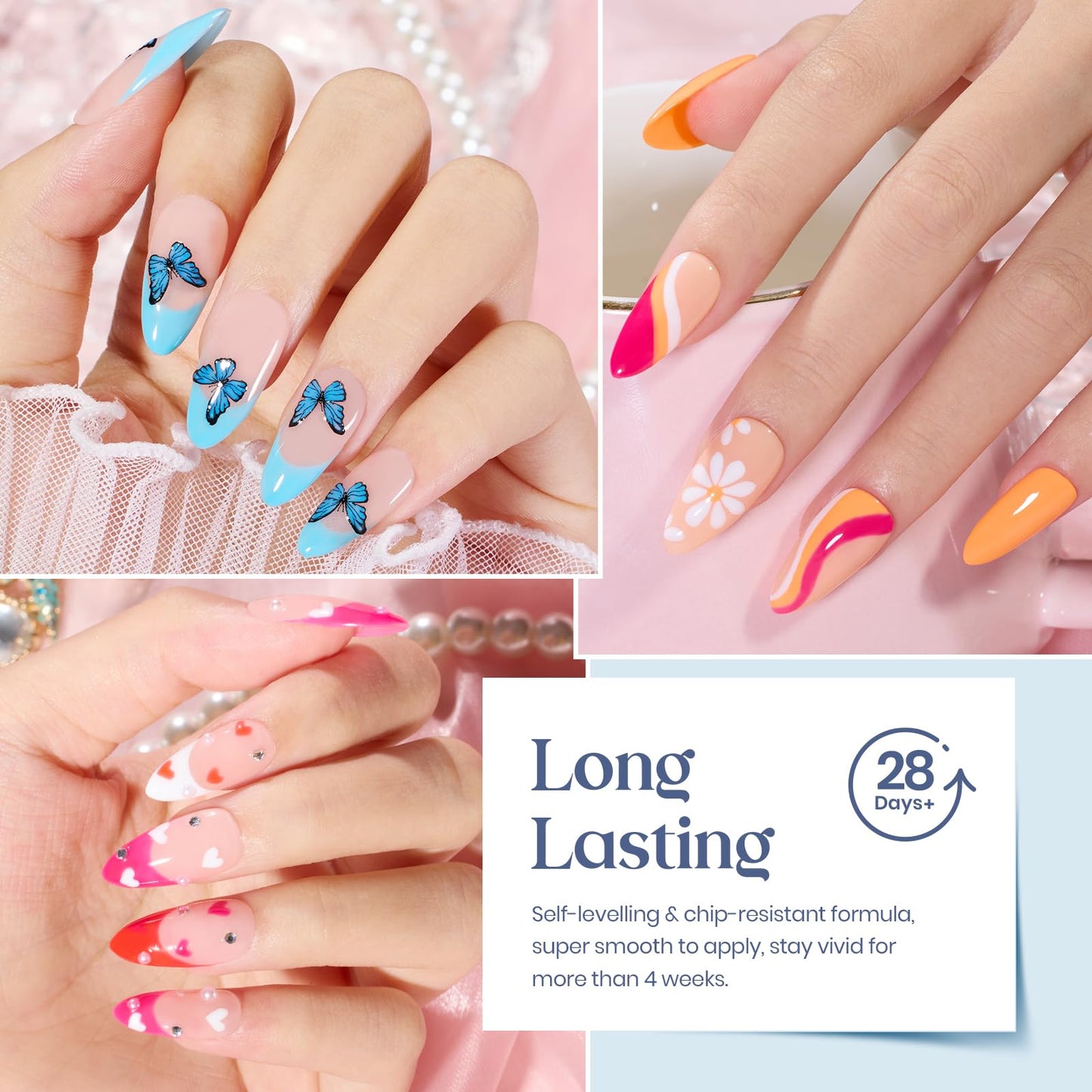 Beetles Kit de 20 esmaltes de uñas de gel – Juego de esmalte de gel UV LED, color pastel, primavera, verano, negro, azul, rosa, desnudo, esmalte de gel UV con base y capa superior para salón de arte de uñas, regalo para mujeres Grils