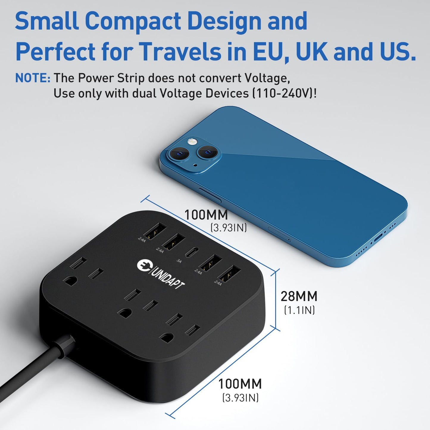 Adaptador de Enchufe Europeo Unidapt Negro con Regleta y Cable de Extensión de 5 Pies