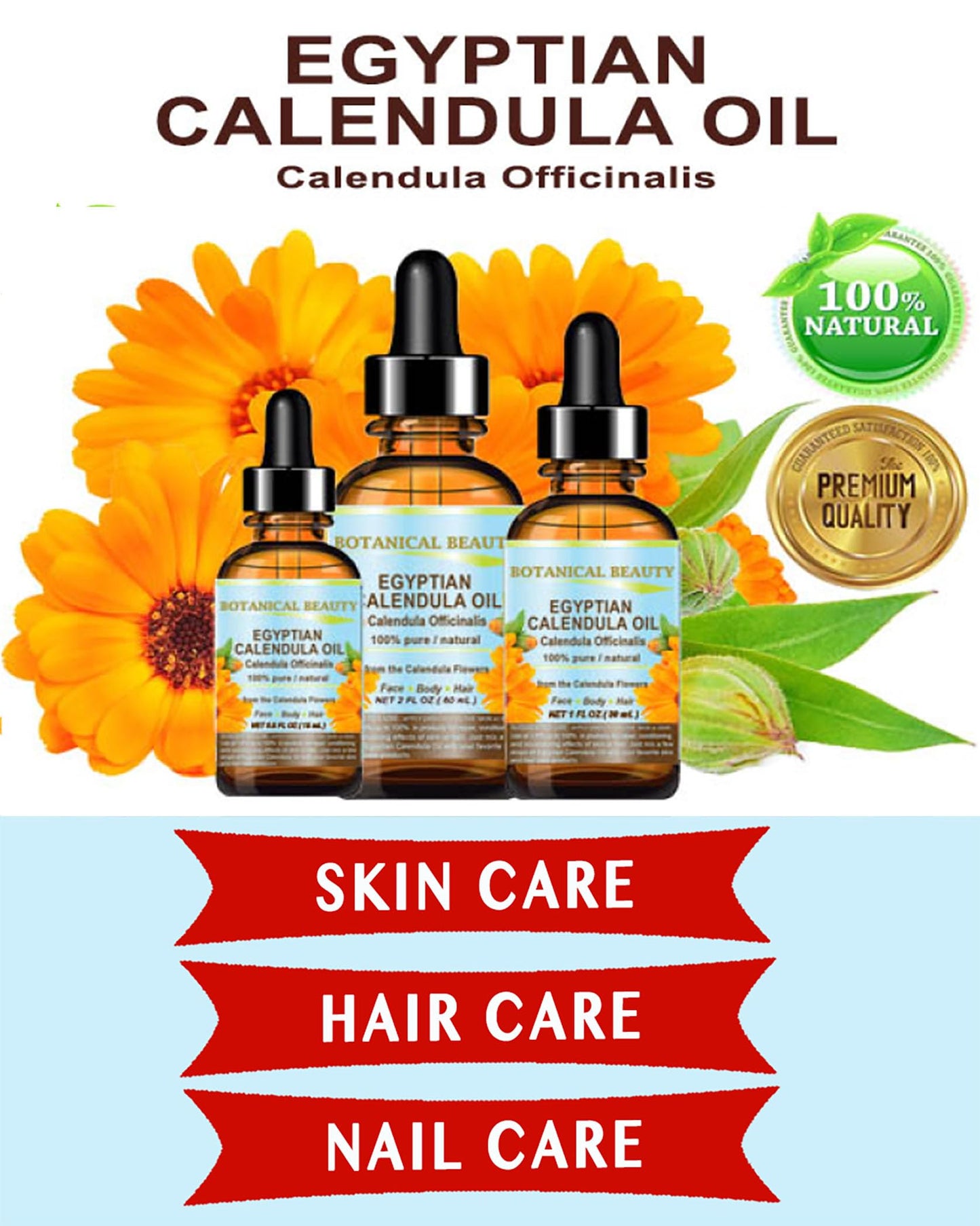 Aceite de Caléndula Officinalis Natural 100% Puro para Rostro, Piel, Cuerpo, Cabello y Uñas