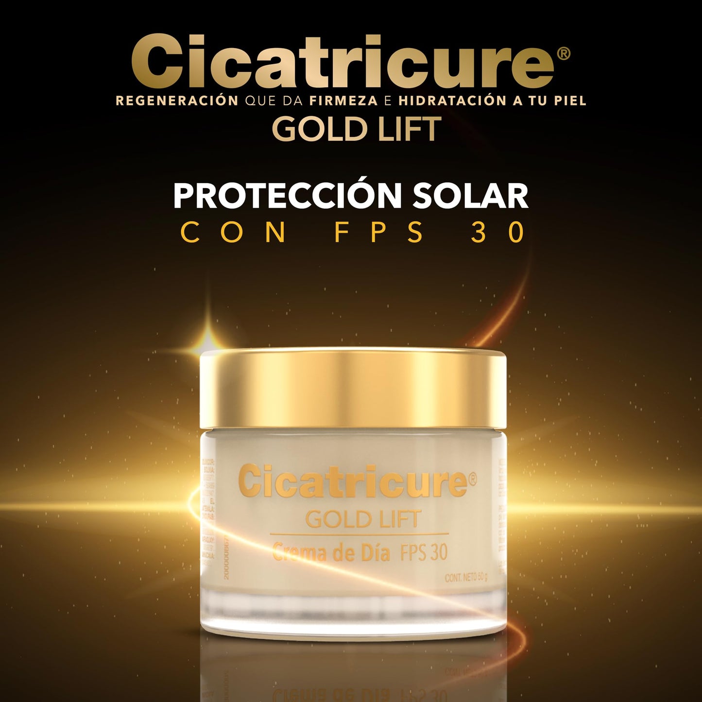 CICATRICURE - GOLD LIFT Crema de Día. Reduce arrugas gravitacionales, mejora la elasticidad y producción de colágeno, con calcio, silicio, FPS 30 y péptidos con oro, tarro con 50g