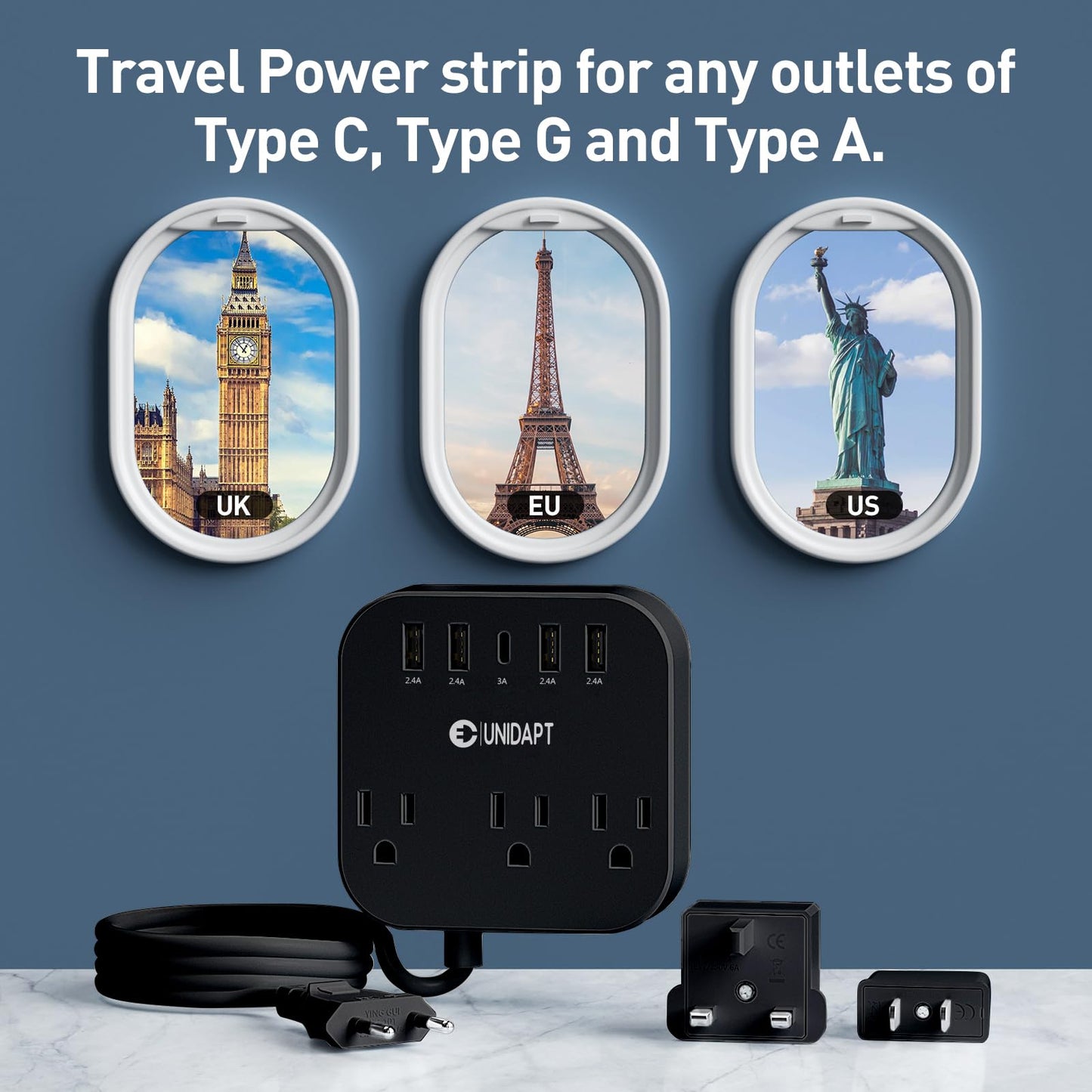 Adaptador de Enchufe Europeo Unidapt Negro con Regleta y Cable de Extensión de 5 Pies