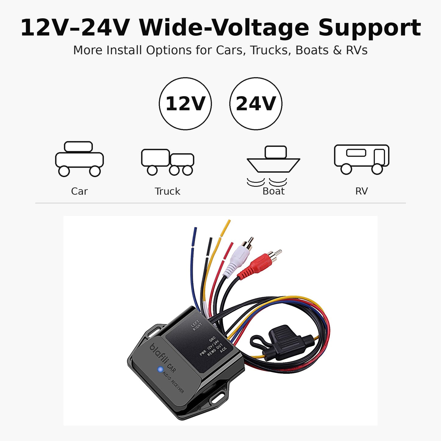 blafili - Receptor Bluetooth 5.2 para coche, aptX adaptable, aptX HD, AAC, SBC, compatible con 12 V/24 V, disparador remoto, salida RCA estéreo, adaptador inalámbrico A2DP para coche, camión, marina