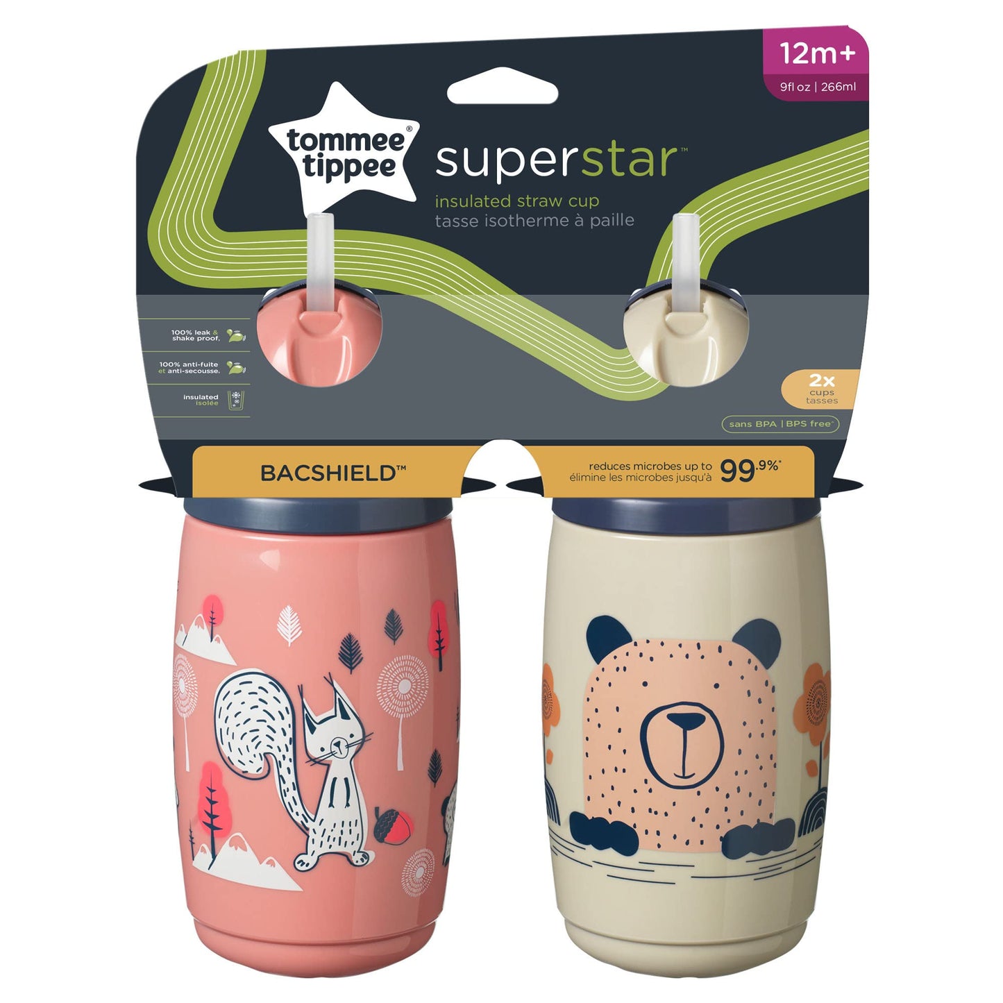 Tommee Tippee Superstar - Taza aislada con paja para niños pequeños, 100% a prueba de fugas y a prueba de sacudidas | BACSHIELD tecnología antimicrobiana (9 onzas, más de 12 meses, 2 unidades)