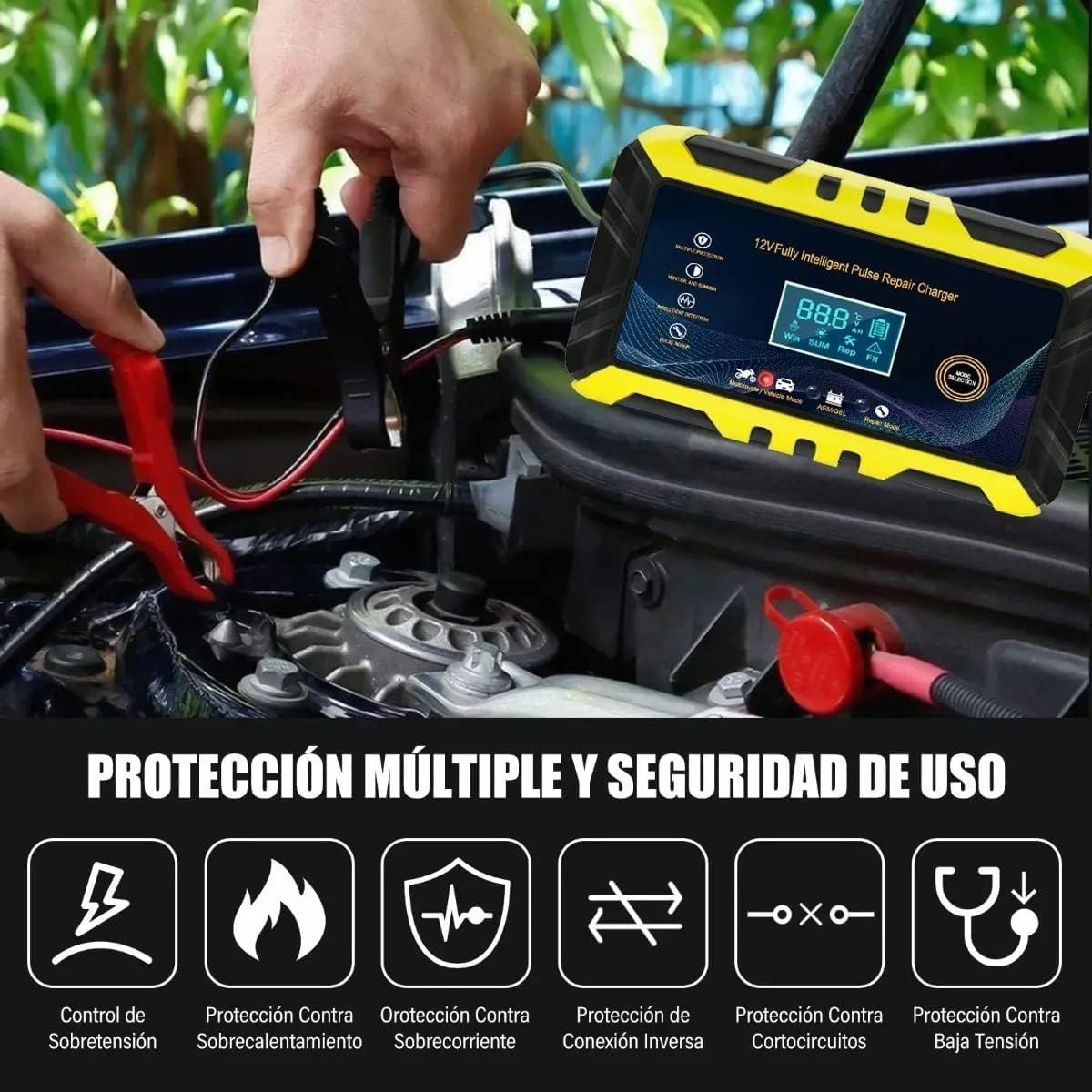 Cargador Inteligente de Batería 12V para Auto/Motocicleta | LCD, Carga Automática 3 Etapas, Protección Múltiple, Apto para Gel/AGM/Húmedas | Modos Estacionales
