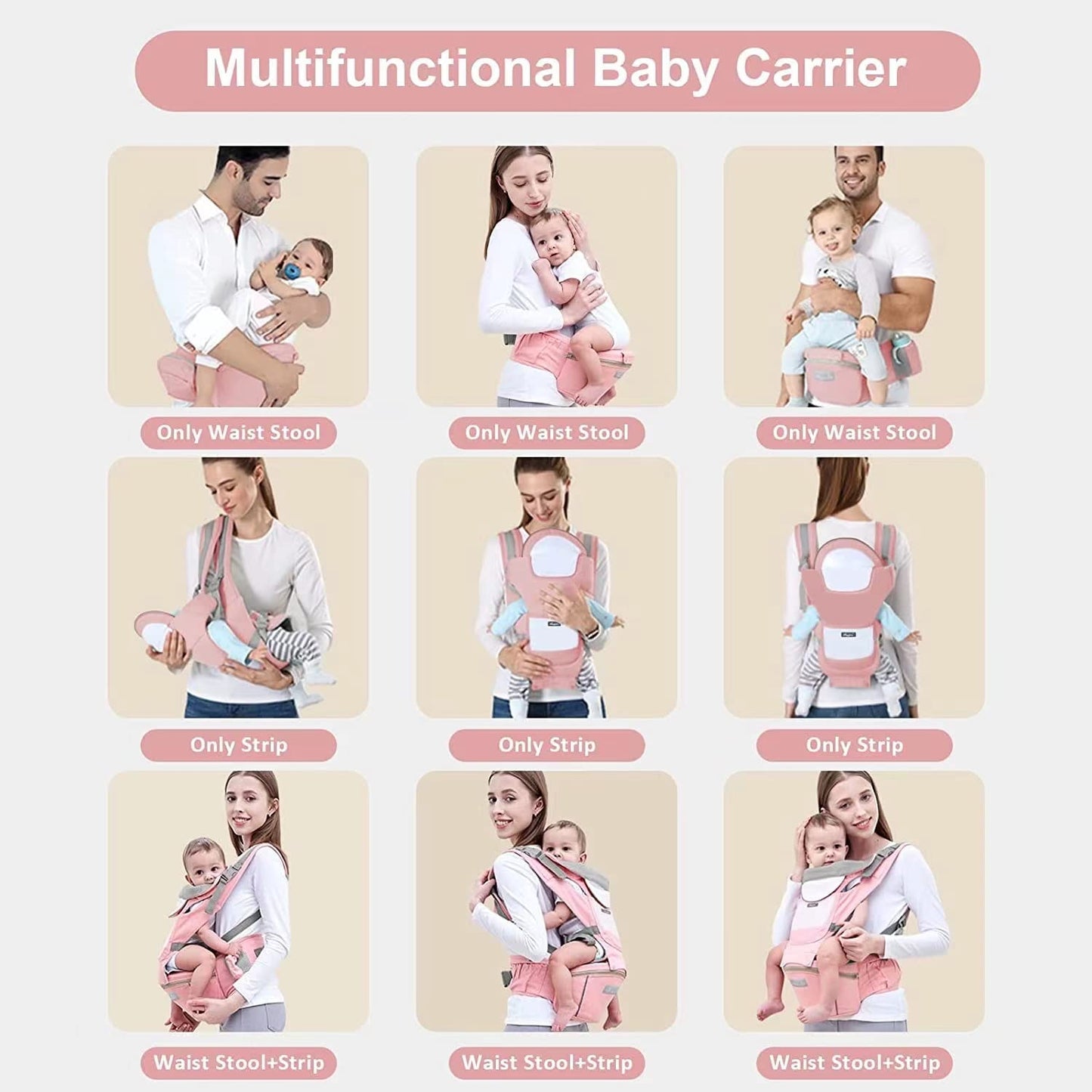 Mochila Portabebé Algodón Puro Ligera y Transpirable Gris con Asiento de Cadera Ajustable para Niños de 0 a 36 Meses