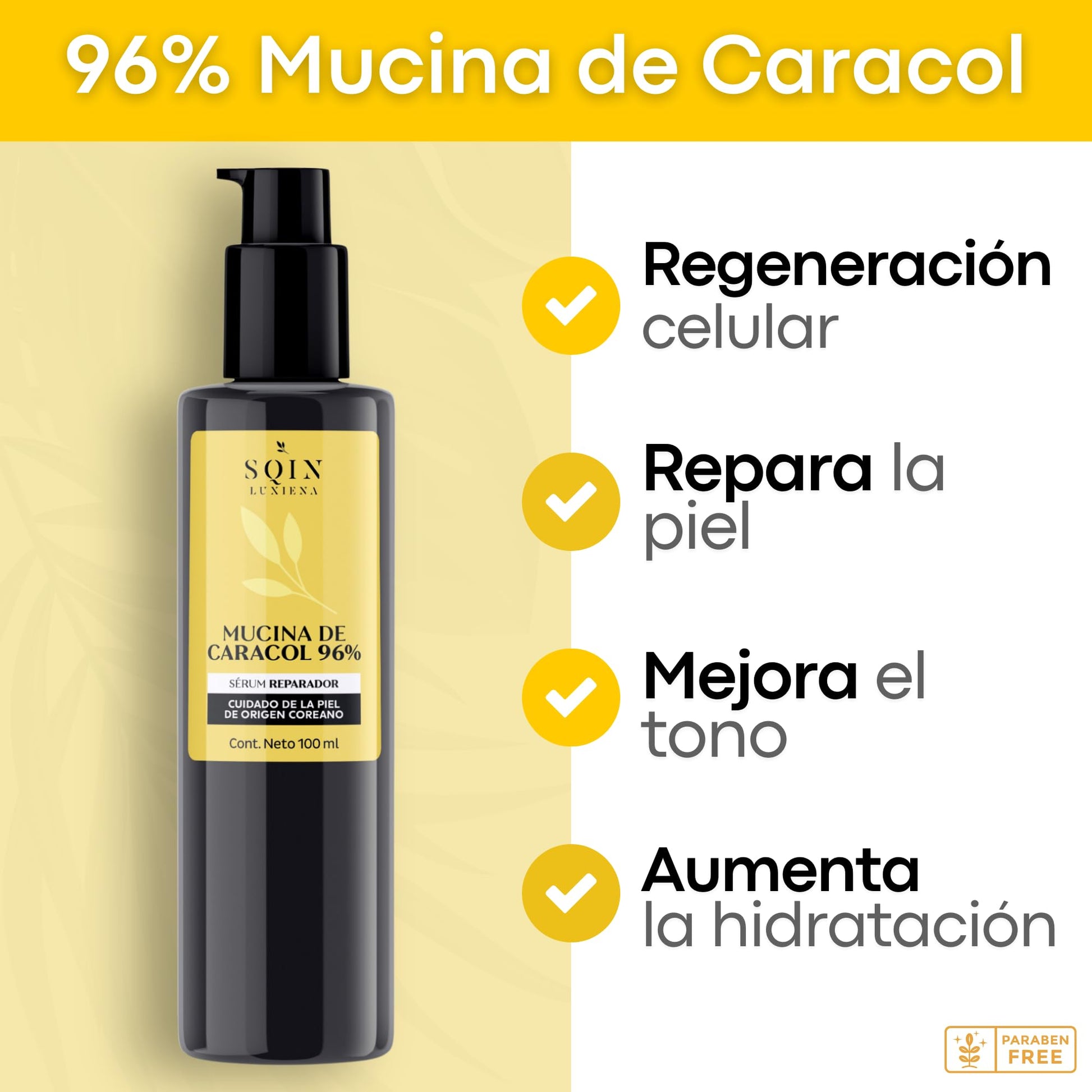 Sqin Luxiena Serum Baba de Caracol Coreano, Mucina de Caracol 96%, Repara e Hidrata la piel, Skincare Coreano, Snail Mucin, 100 ml.