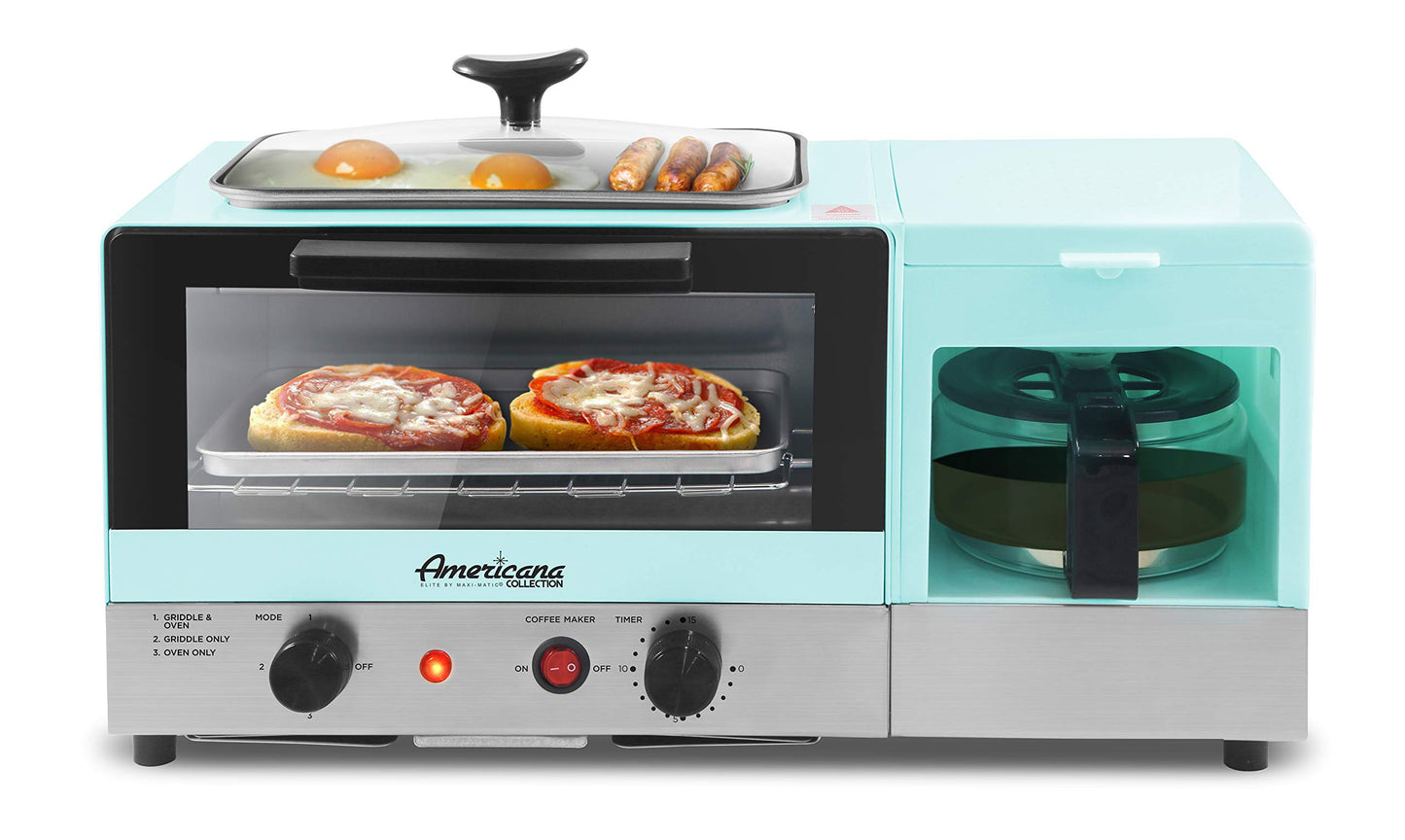 Elite Gourmet EBK8810BL# Americana 2 Slice, 9.5" Griddle with Glass Lid 3-in-1 Breakfast Center Station, 4-Cup Coffeemaker, Toaster Oven with 15-Min Timer, Heat Selector Mode, Blue