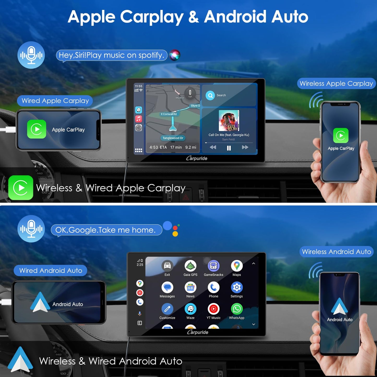 CARPURIDE 2025 - visualización de reproducción de coche de 9 pulgadas para coche, compatible con Apple CarPlay, Android Auto y Mirror Link - Audio Bluetooth, navegación, Siri, FM, AUX