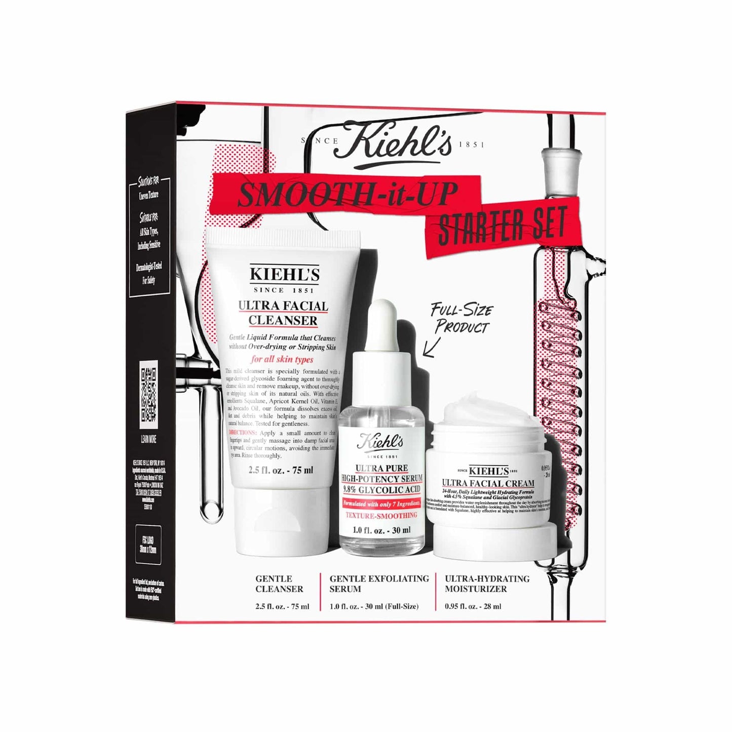 Kiehl's Smooth-It-Up SET, Ultra Pure High-Potency Serum 30 ml + Ultra Facial Cream 28 ml + Ultra Facial Cleanser 75 ml, Fortalece, Limpia, Alisa y Refresca la Piel