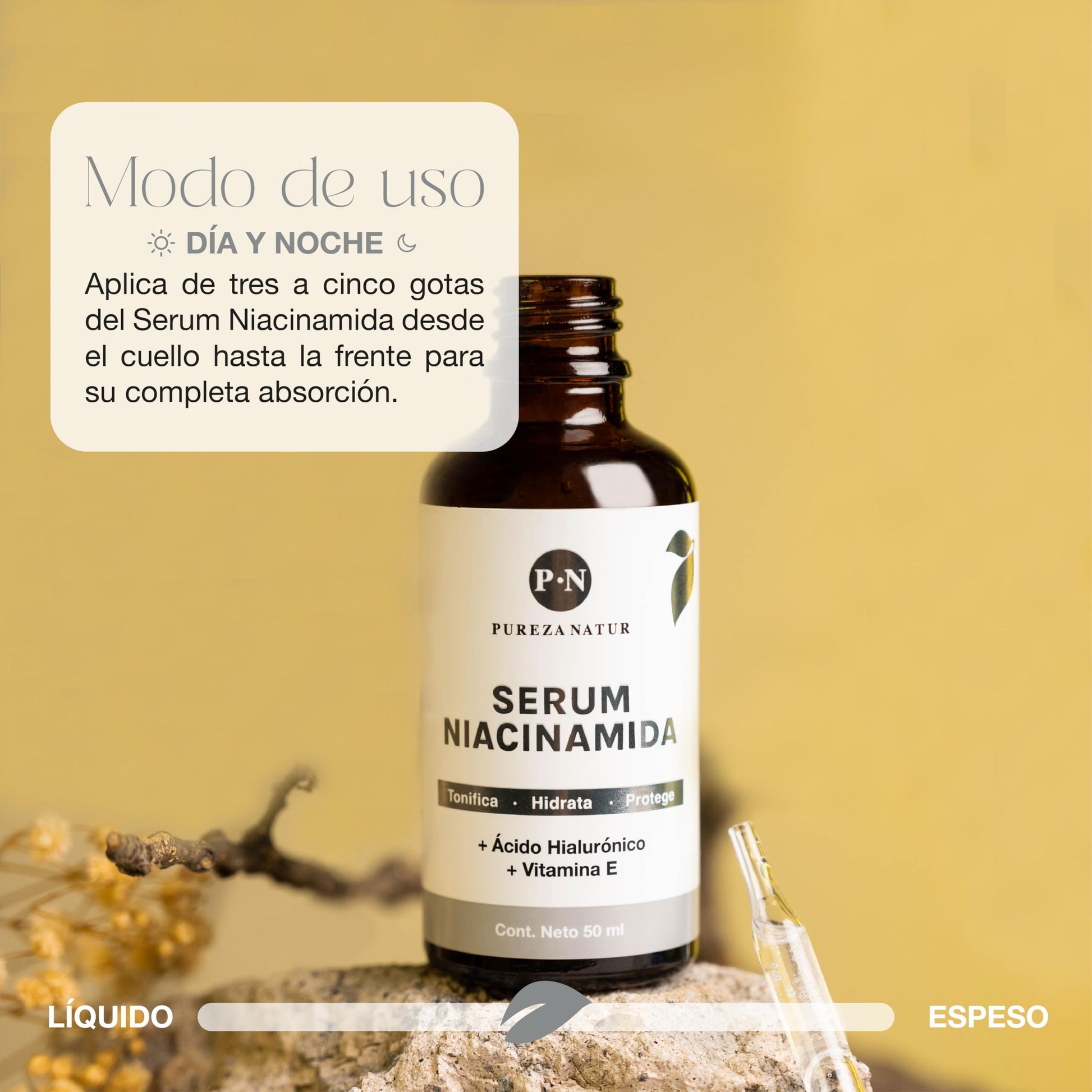 PUREZA NATUR Suero facial Niacinamida B3, Vitamina E y Acido hialurónico 50ml | Serum Niacinamide para todos tipos de piel skin barrier hidratante, antioxidante potente reductor de ojeras y líneas de expresión (50ml)